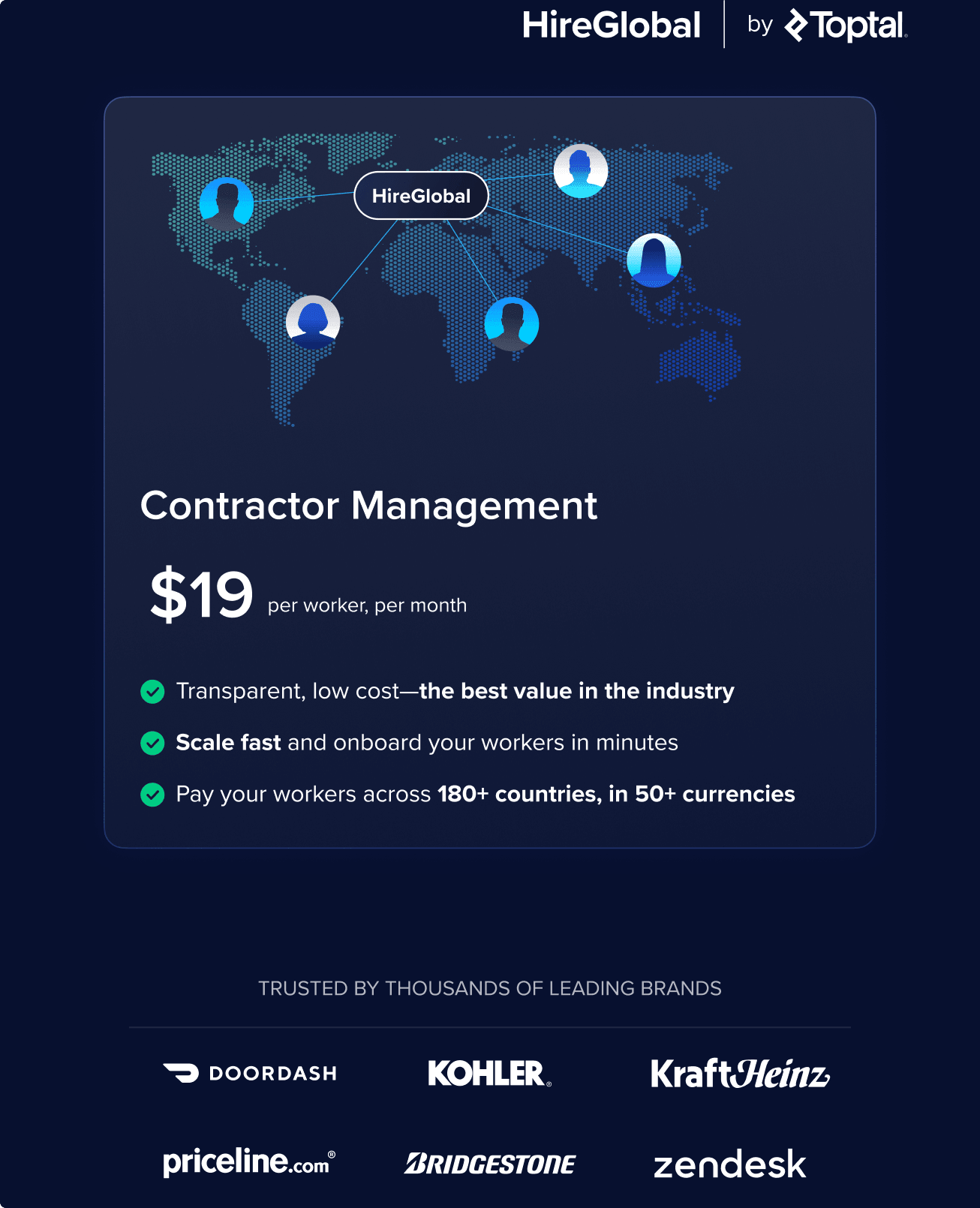 Contractor Management service at $19 per worker per month, featuring a world map with global contractor connections, highlighting transparent low cost, fast scaling, and payments across 150+ countries