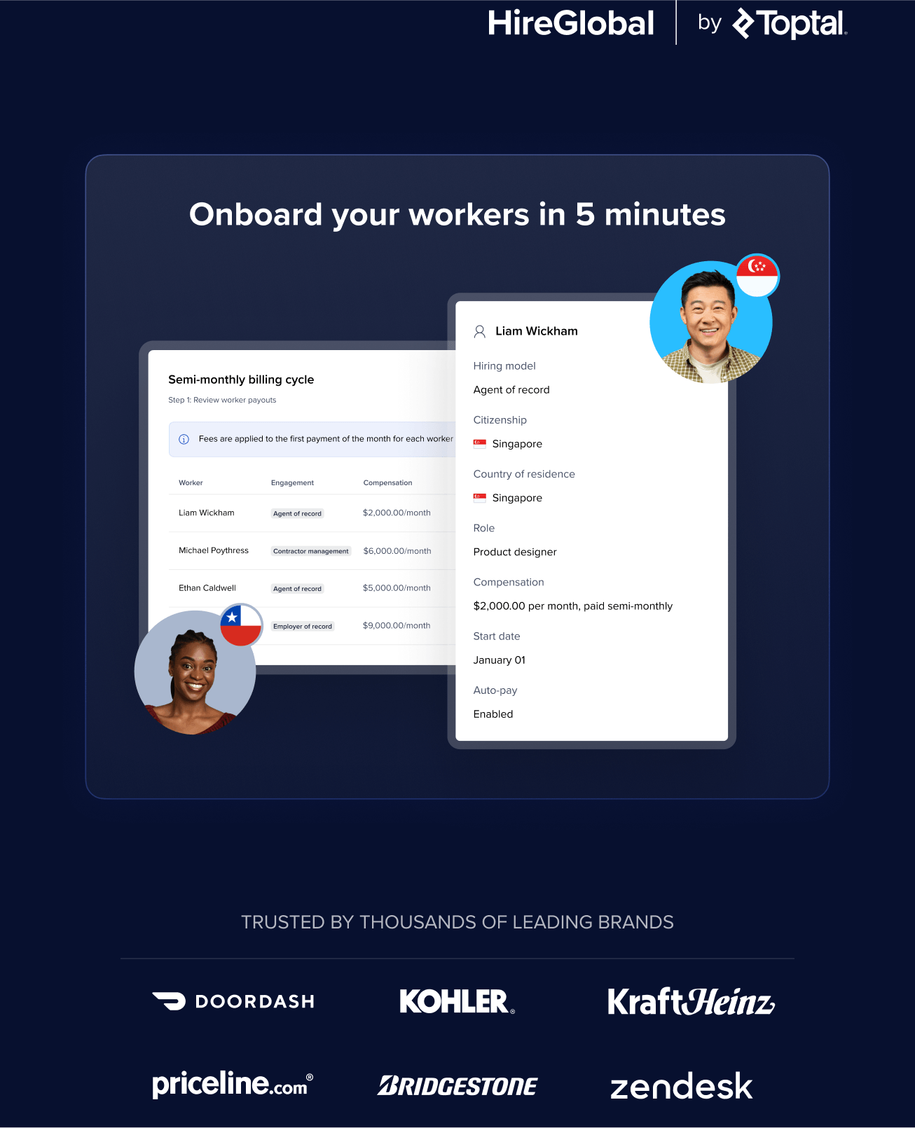HireGlobal service interface promoting 5-minute worker onboarding, showing agent of record billing cycle with Singapore-based worker profile, demonstrating the platform's fast hiring capabilities