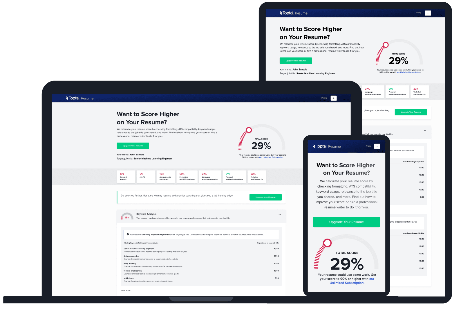 Toptal Resume ATS resume score checker dashboard on desktop, tablet, and mobile, showing resume score and feedback.