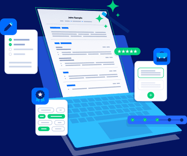 A resume on a laptop screen surrounded by score cards, a star rating and check marks.