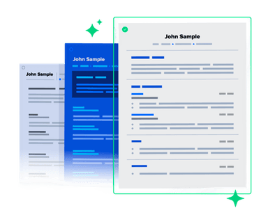 Three resume templates layered on top of each other, the front one marked as ATS-ready.