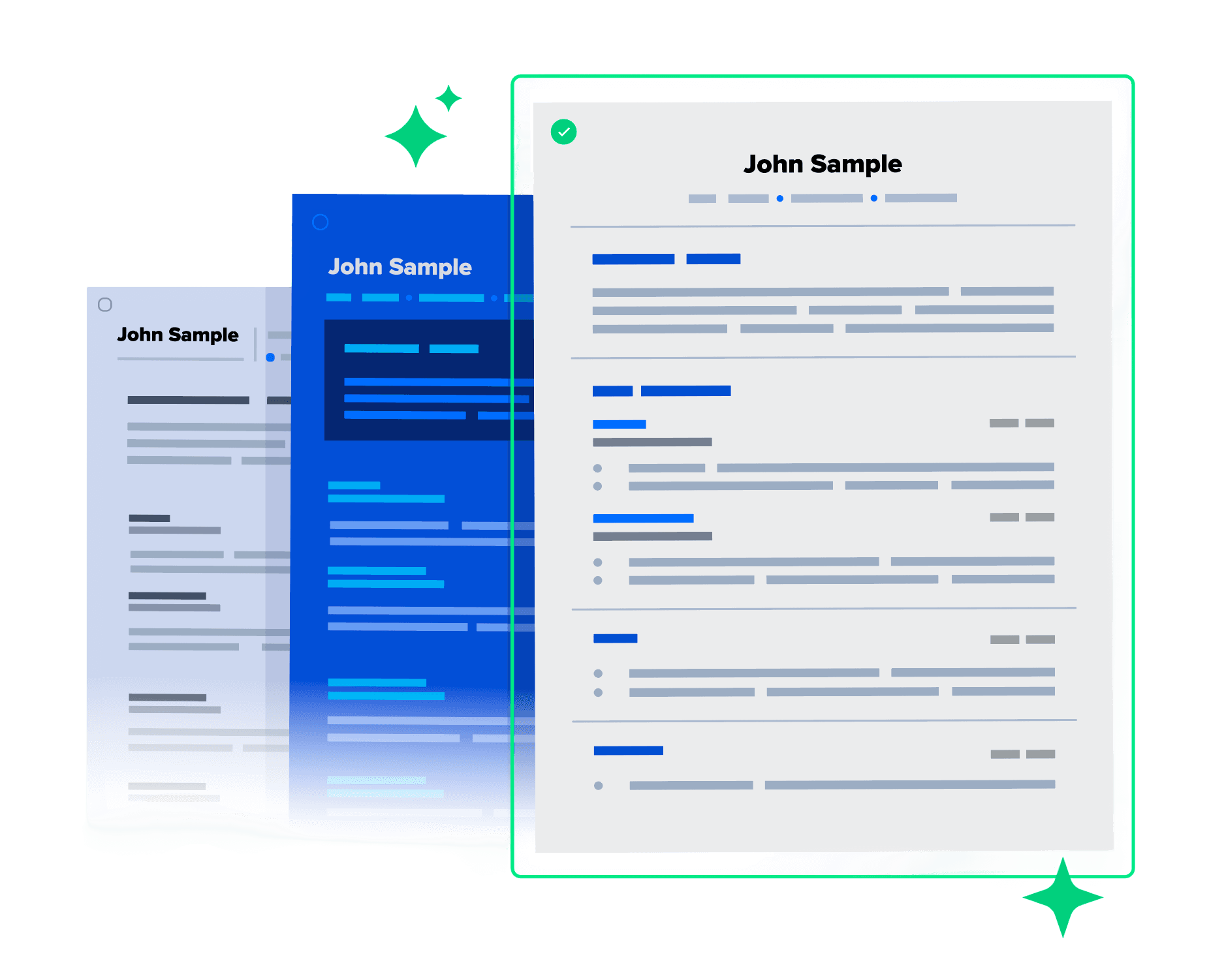 Three ATS-friendly resume templates fanned out, the front one marked recruiter-approved