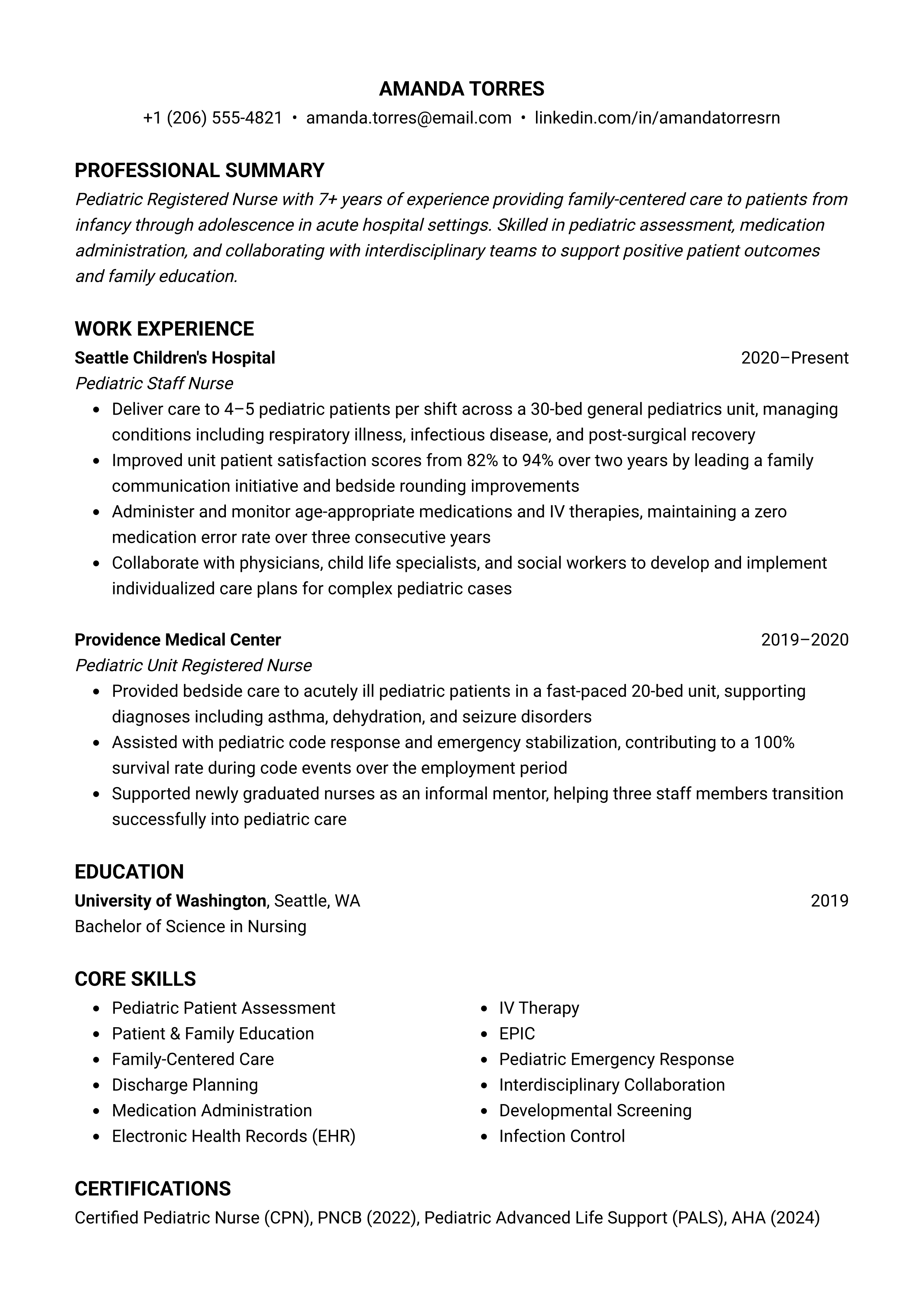 Pediatric Nurse resume template