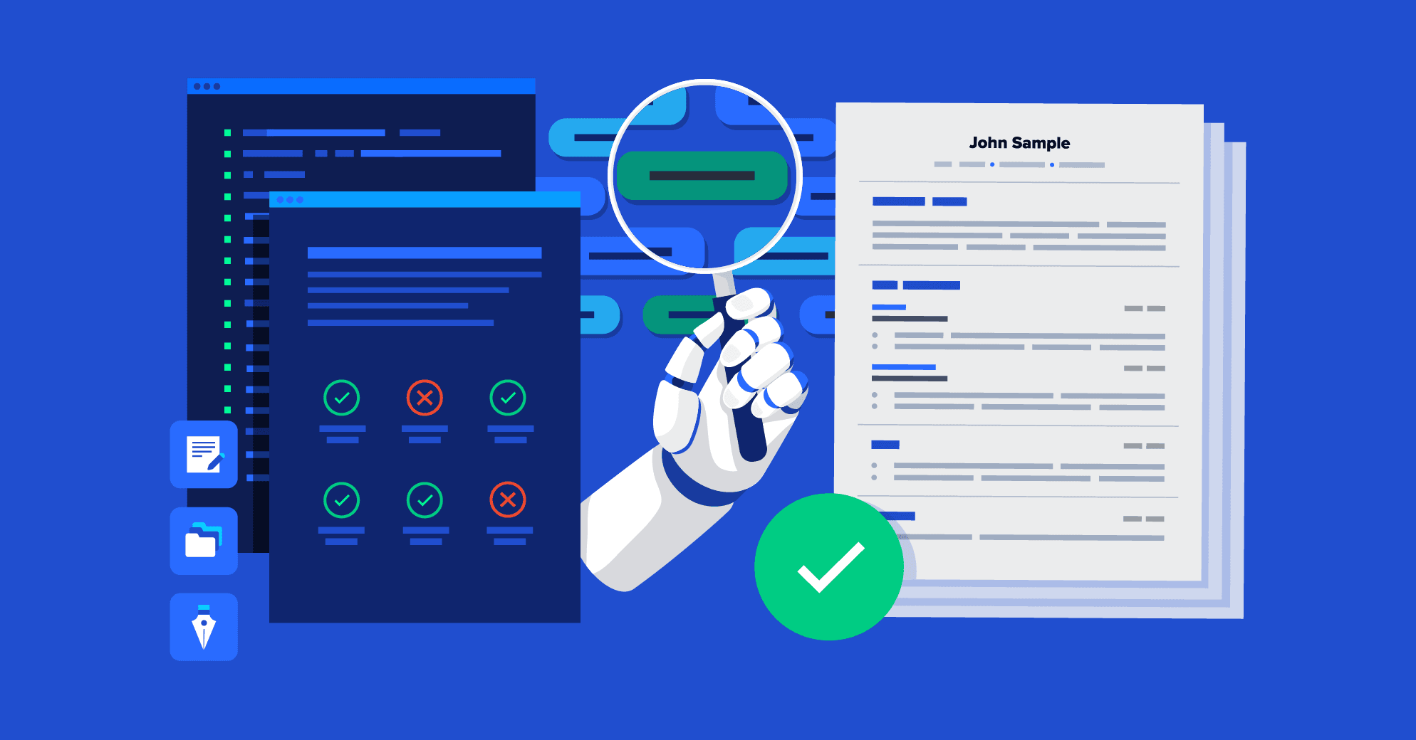 A robotic hand inspects a digital resume beside code and keyword checks, symbolizing AI resume screening with ATS tools.
