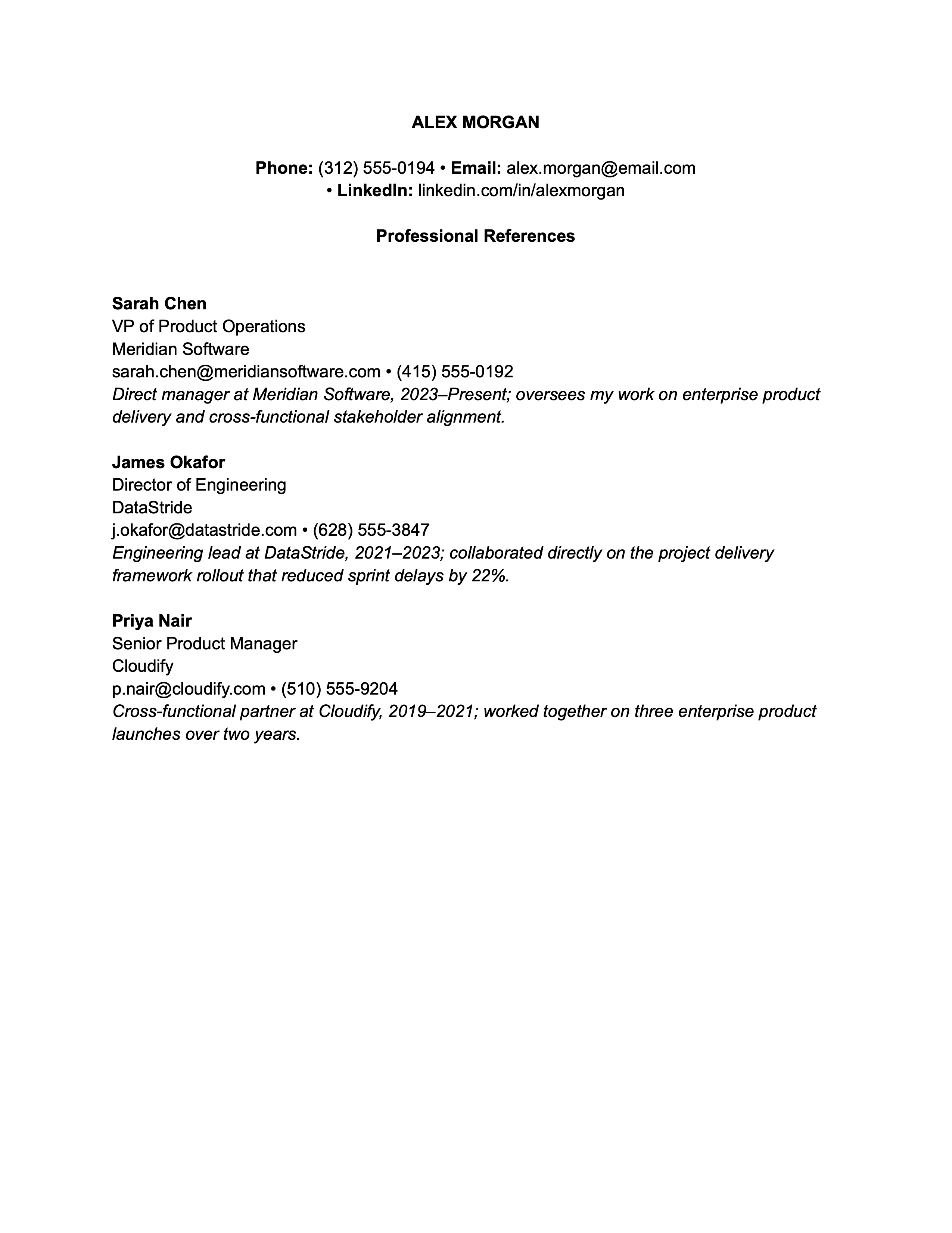 Reference sheet example, including three referees, contact details, and title.