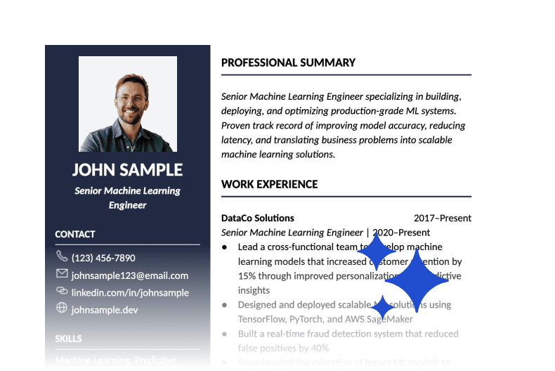 Resume in two-column format with a picture of the candidate.