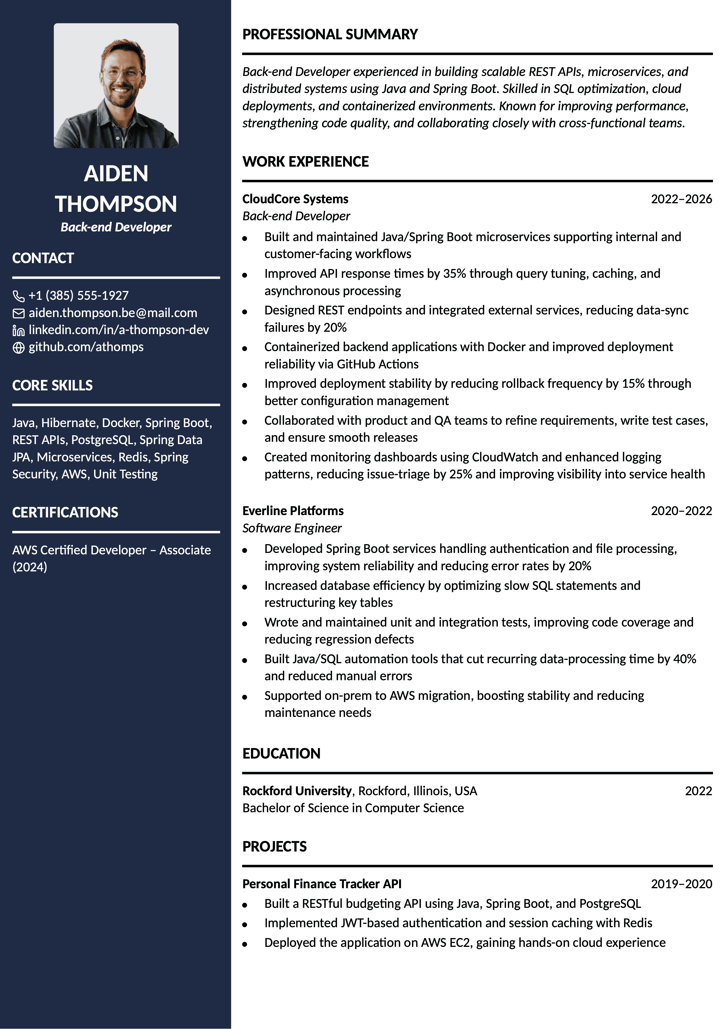Back-end Developer resume template
