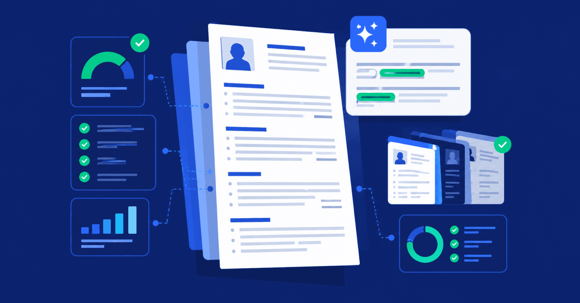 Illustration of a resume being checked and compared against ATS scoring, keyword matching, and multiple resume templates. Illustration of a resume being checked and compared against ATS scoring, keyword matching, and multiple resume templates.