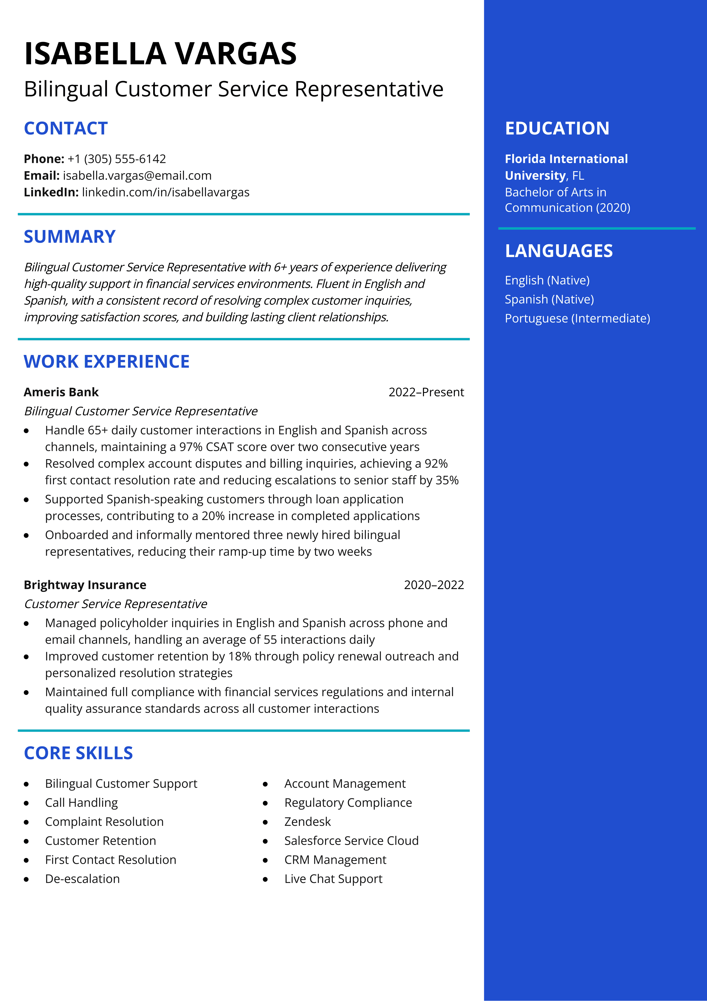 Bilingual Customer Service Representative resume template