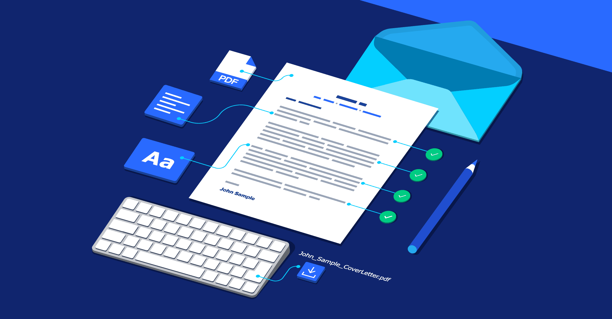 Flat lay of a tech cover letter with design elements like font, PDF icon, and checkmarks showing best practices. Flat lay of a tech cover letter with design elements like font, PDF icon, and checkmarks showing best practices.
