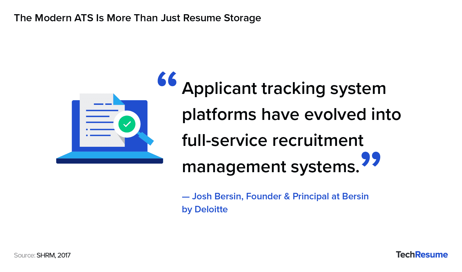 Quote from Josh Bersin on how ATS platforms now serve as full-service recruitment systems, with a document and magnifying glass icon.