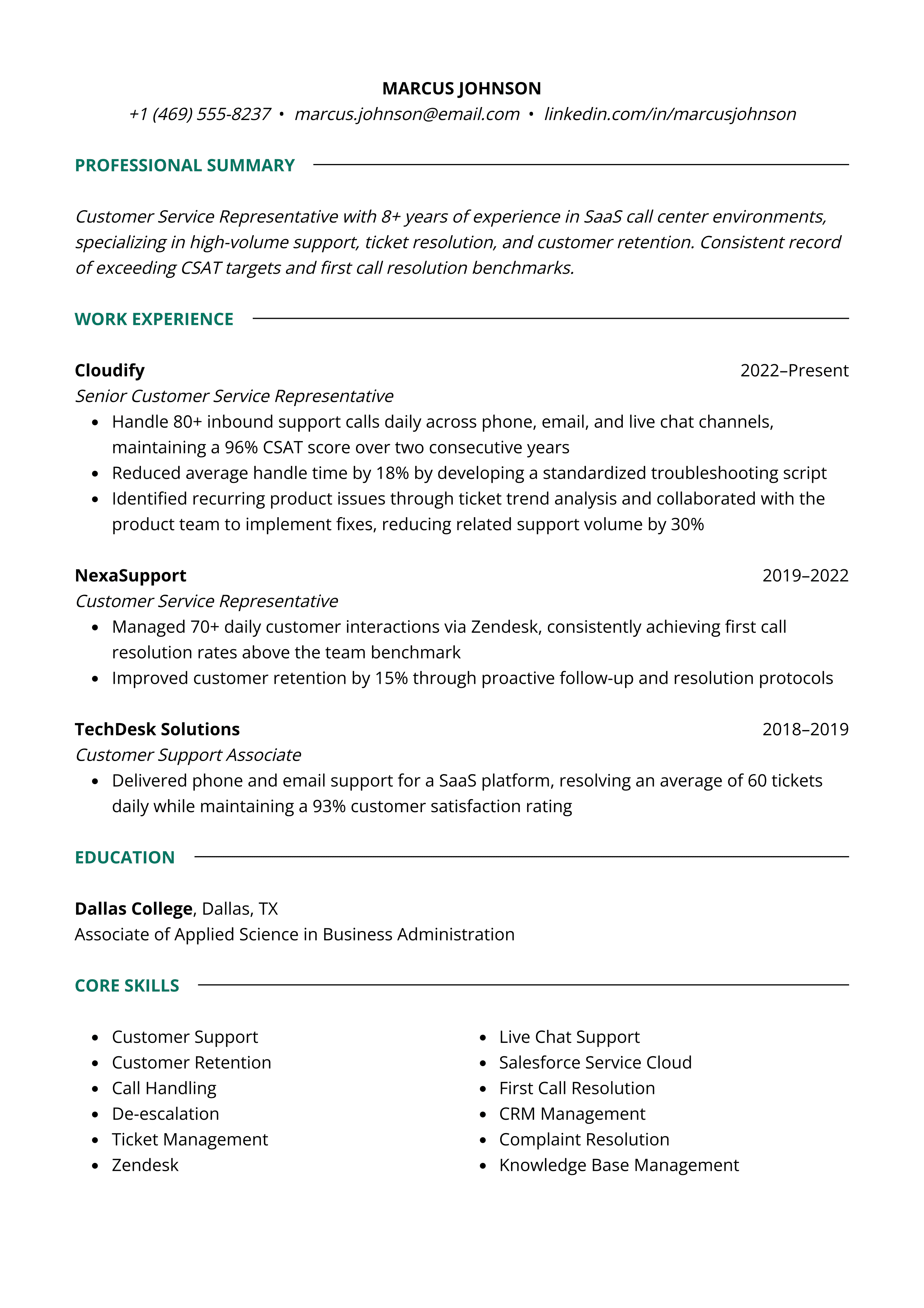 Customer Service Representative resume template