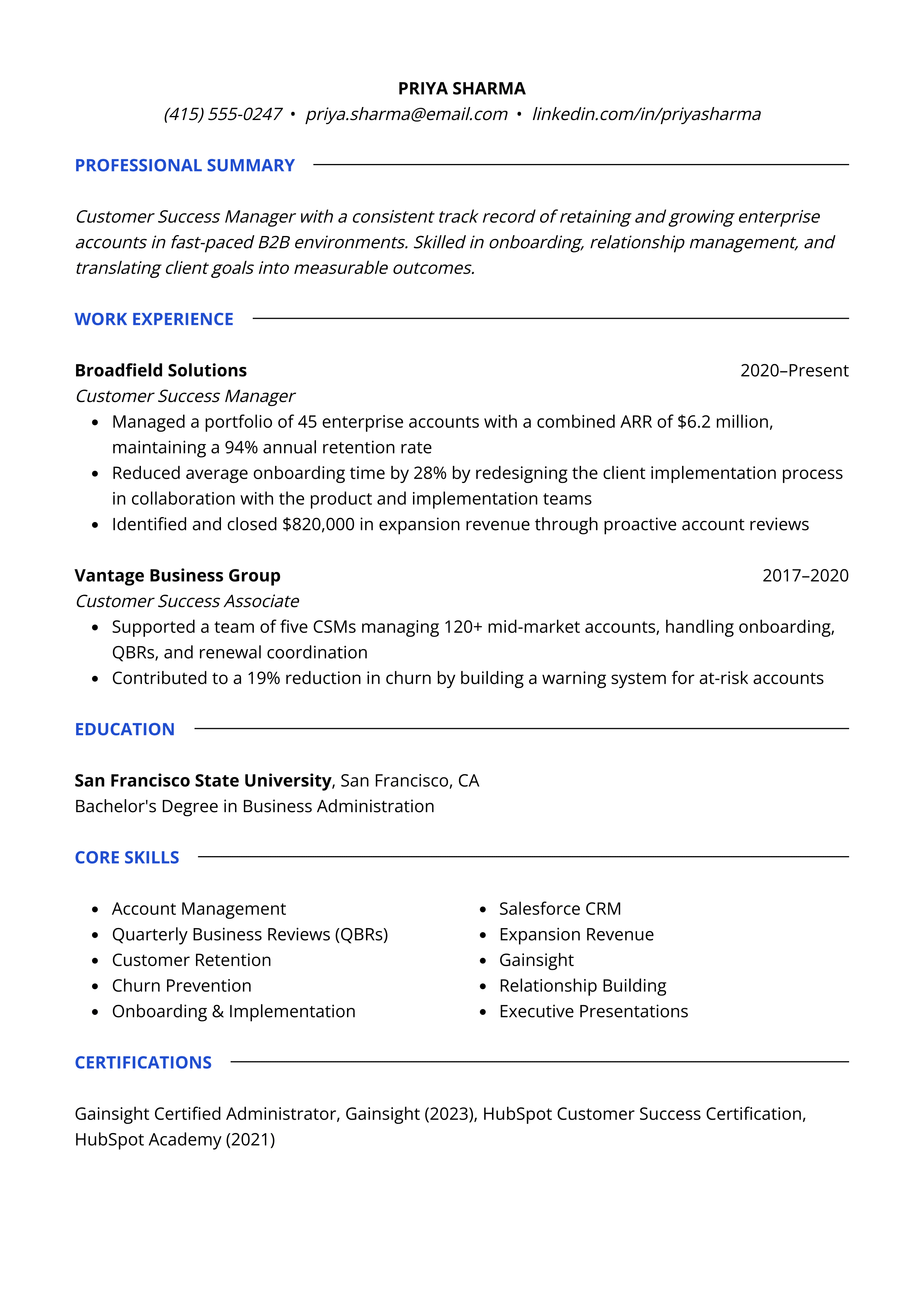 Customer Success Manager resume template