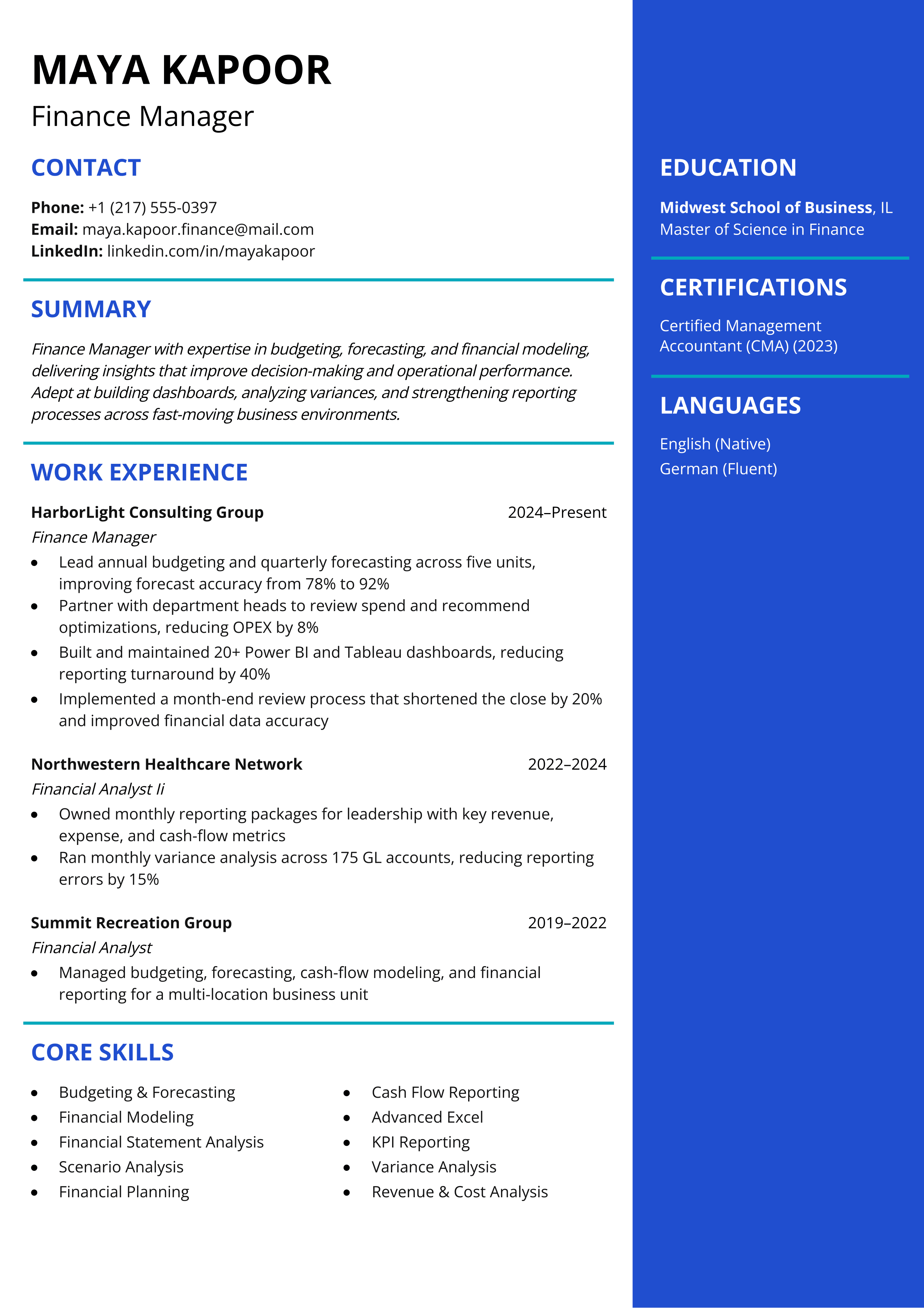 Finance Manager resume template