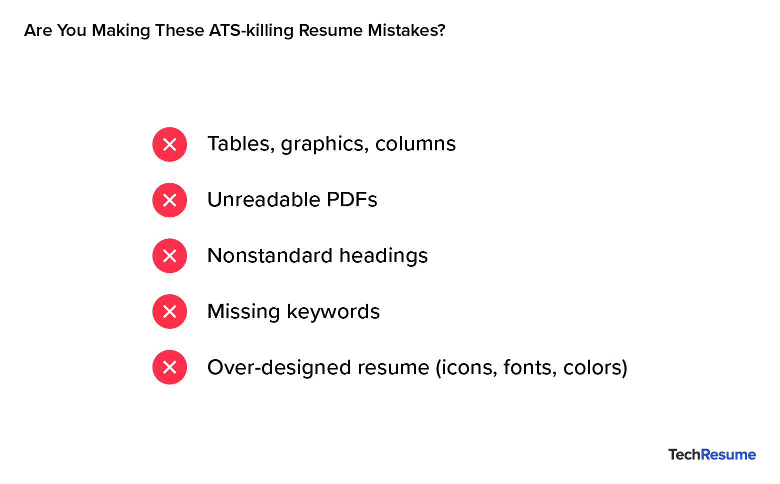 Checklist with red Xs highlighting ATS mistakes: tables, unreadable PDFs, nonstandard headings, missing keywords, over-designed resumes.