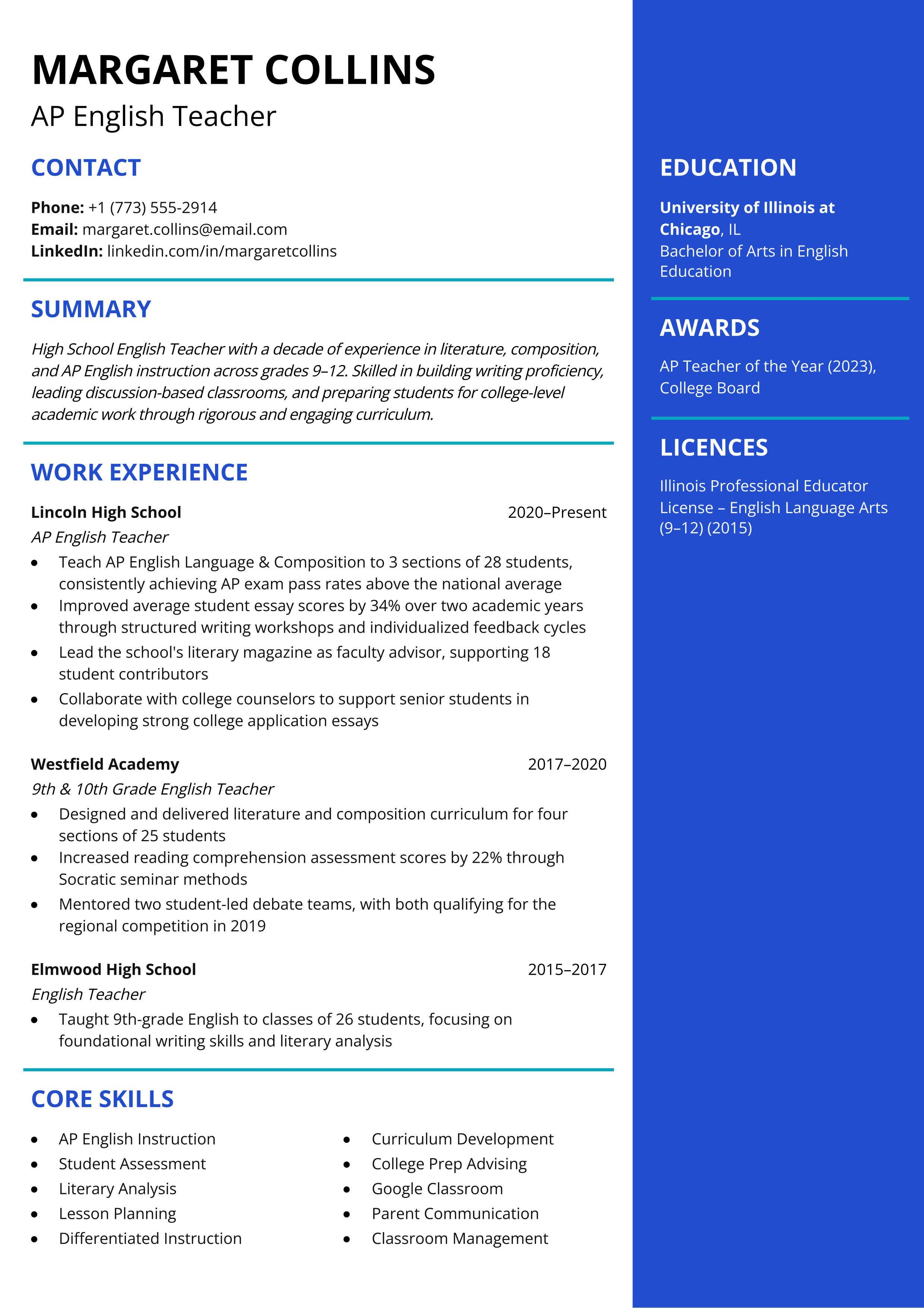 High School English Teacher resume template
