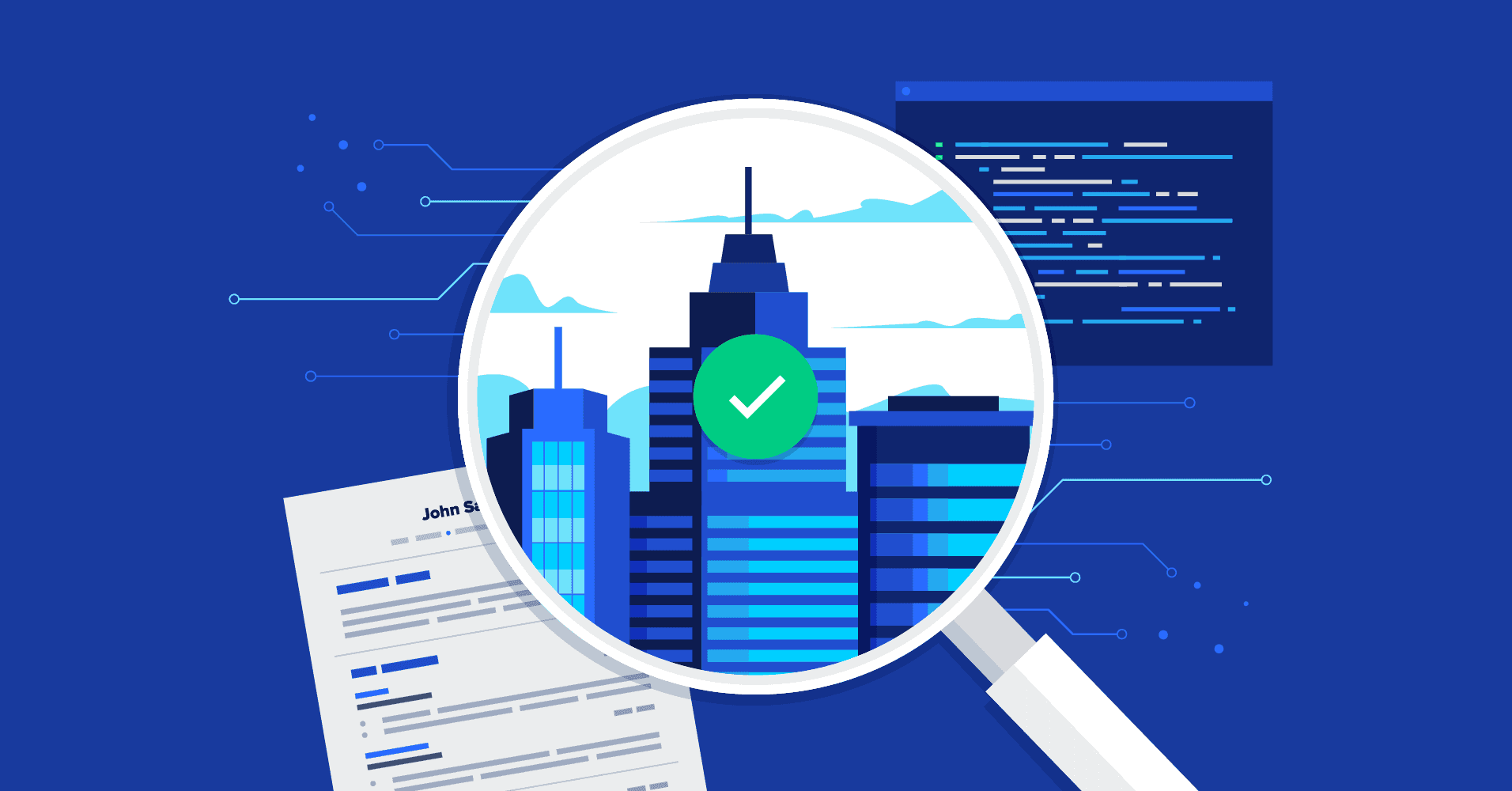 Resume under a magnifying glass with a checkmark, representing ATS screening in the tech hiring process. Resume under a magnifying glass with a checkmark, representing ATS screening in the tech hiring process.