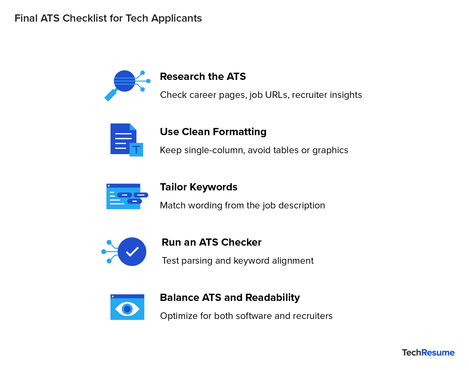 Checklist graphic showing five ATS tips: research ATS, use clean formatting, tailor keywords, run an ATS checker, and balance readability.