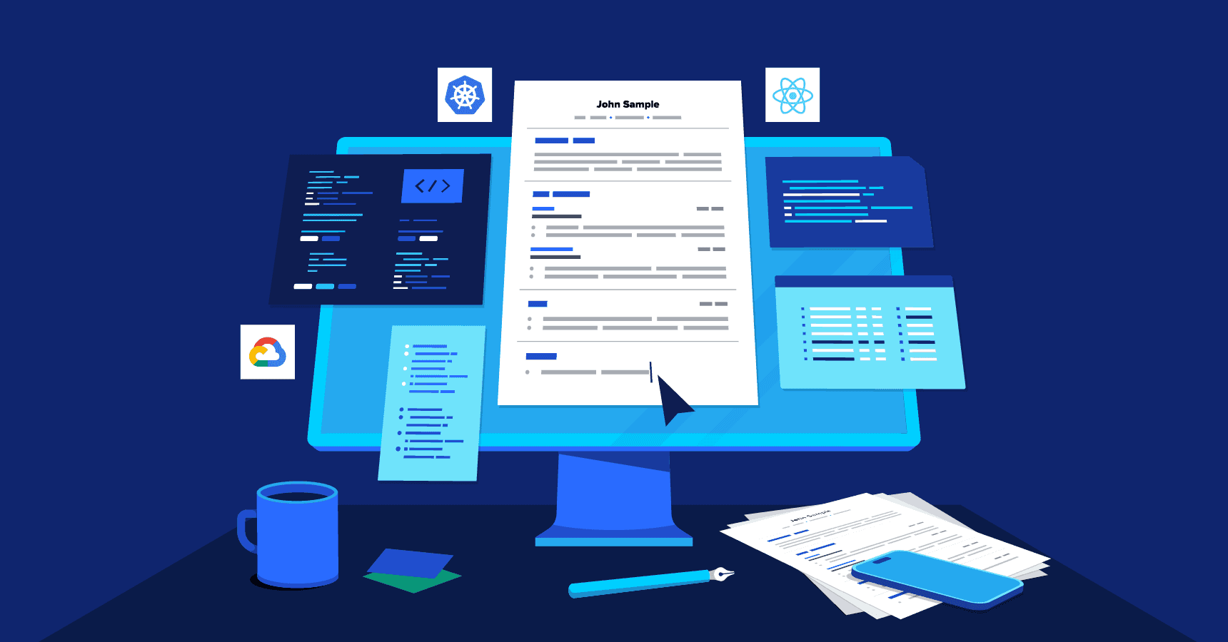 Illustration of a software engineer resume on a desktop, surrounded by code snippets, UI components, and cloud tools like GCP and Kubernetes. Illustration of a software engineer resume on a desktop, surrounded by code snippets, UI components, and cloud tools like GCP and Kubernetes.