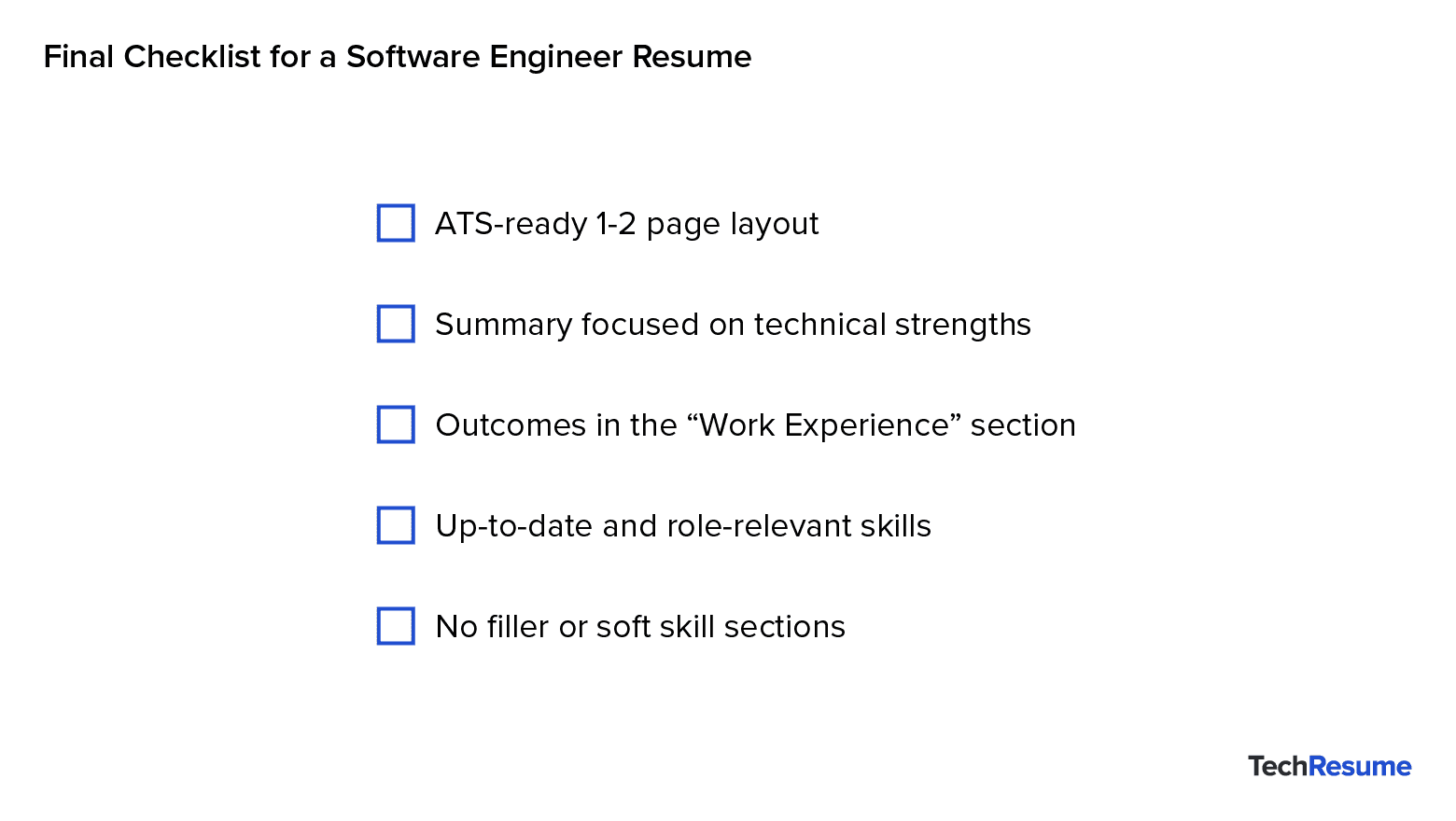 Checklist graphic for final resume review, including layout, summary, skills, outcomes, and filler avoidance.