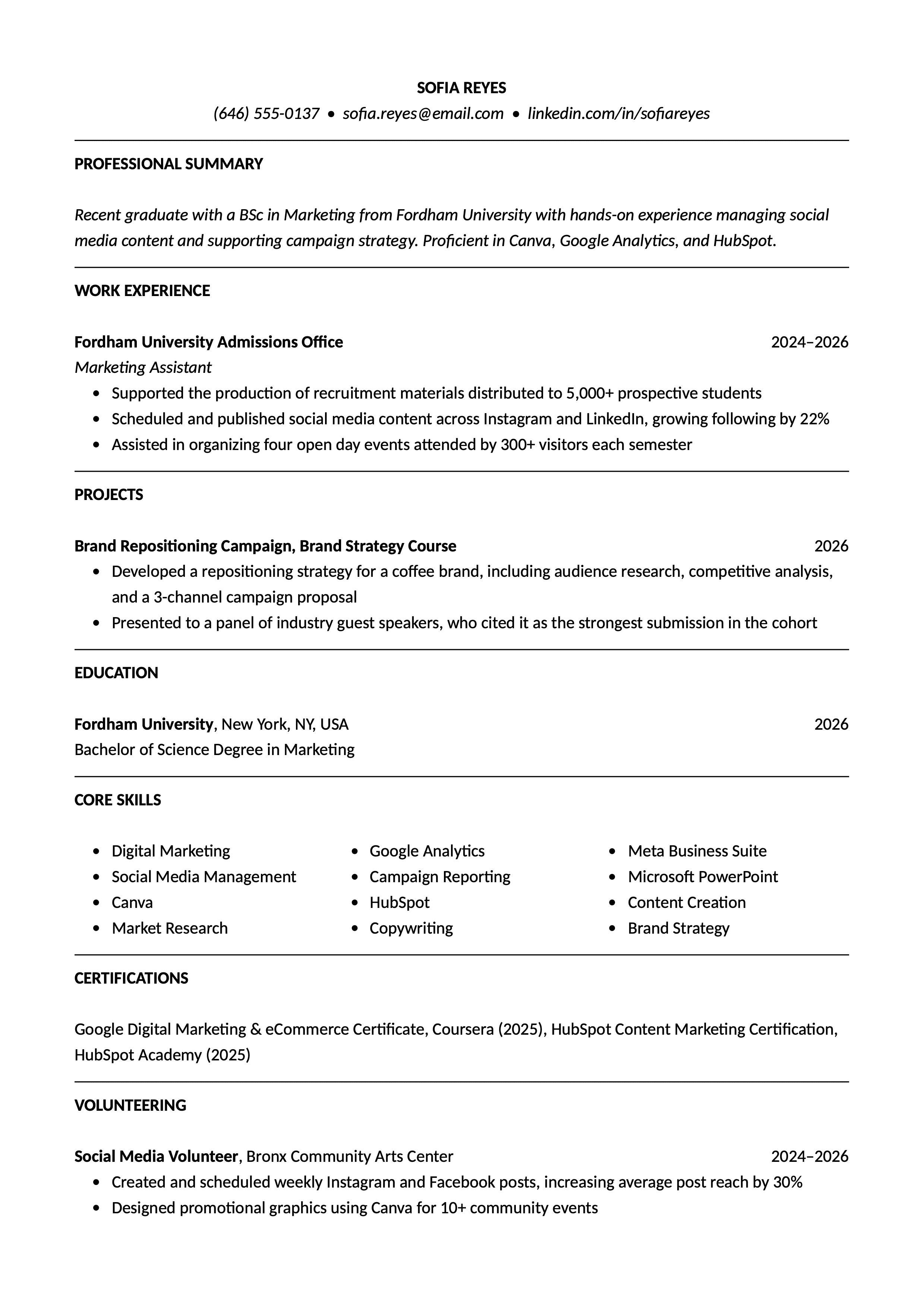 Marketing Intern resume template
