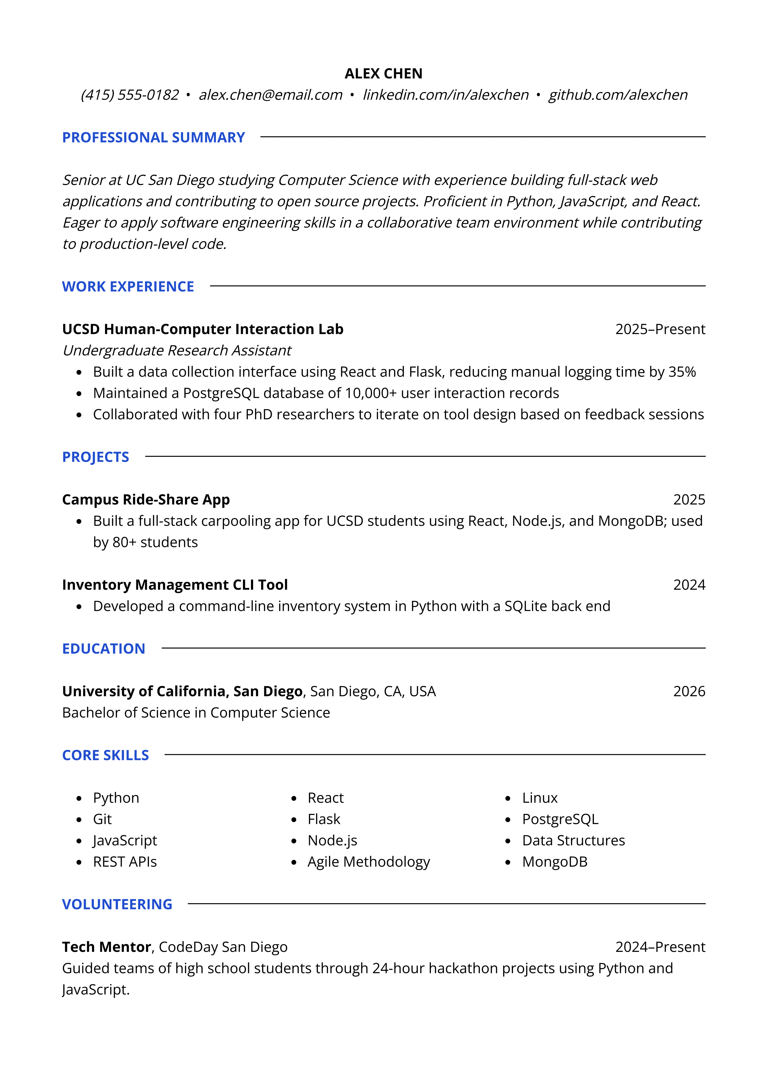 Software Development Intern resume template