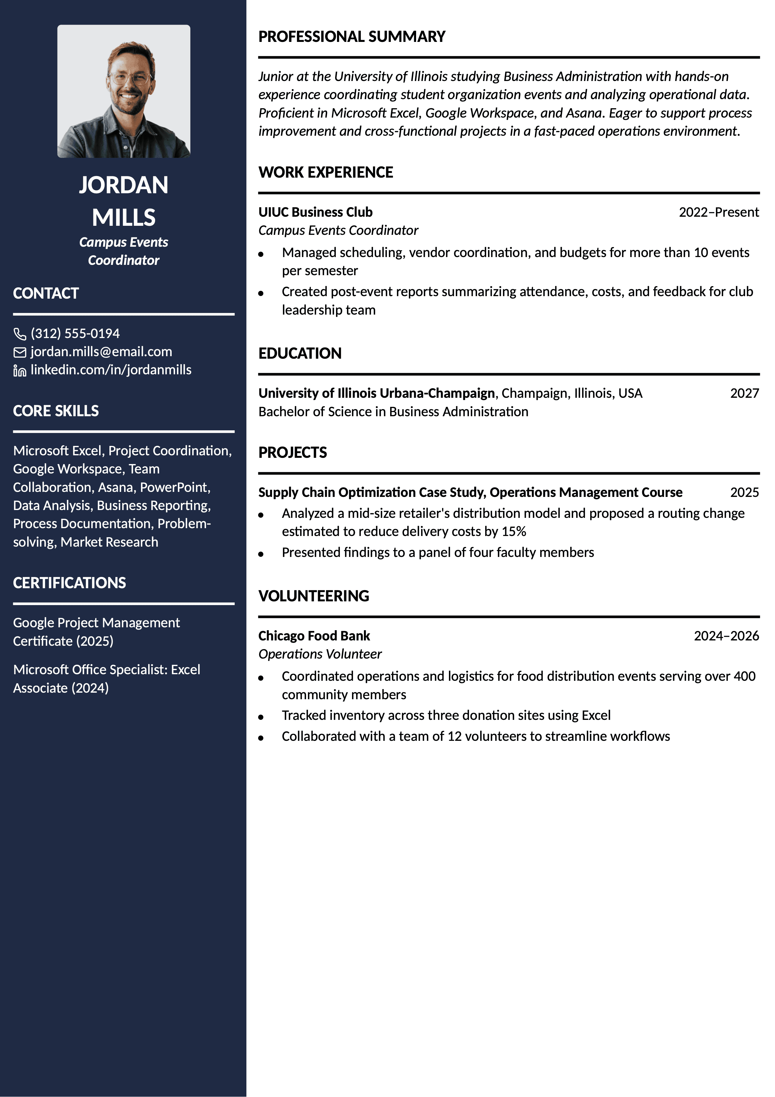 Business Operations Intern resume template