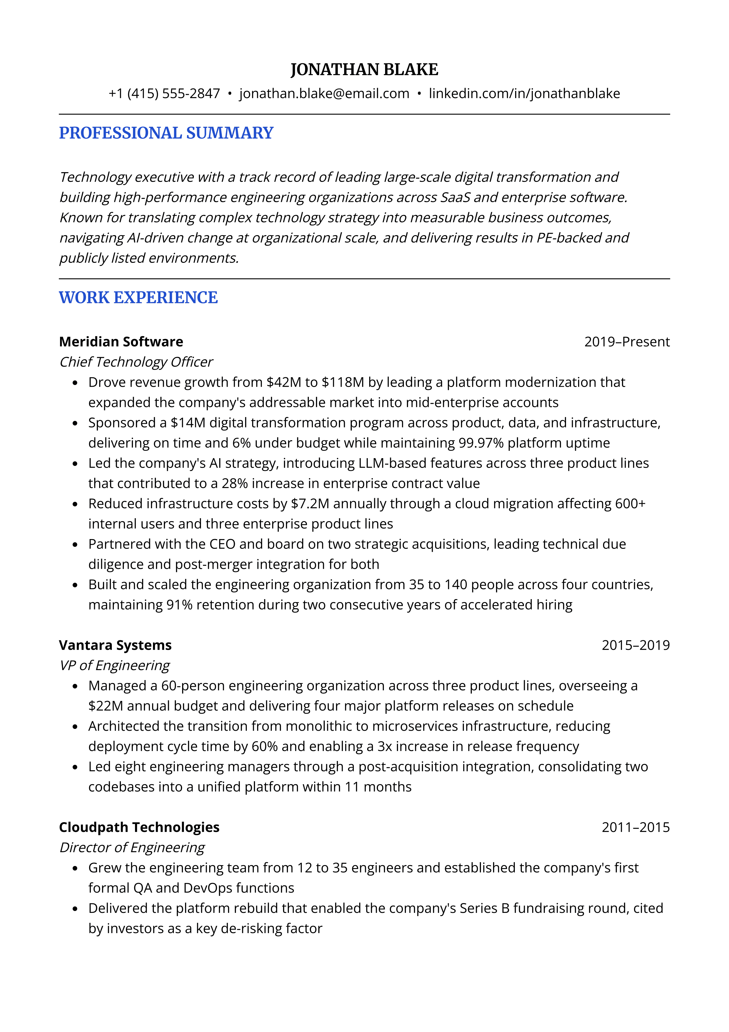 Page one of an executive resume example.