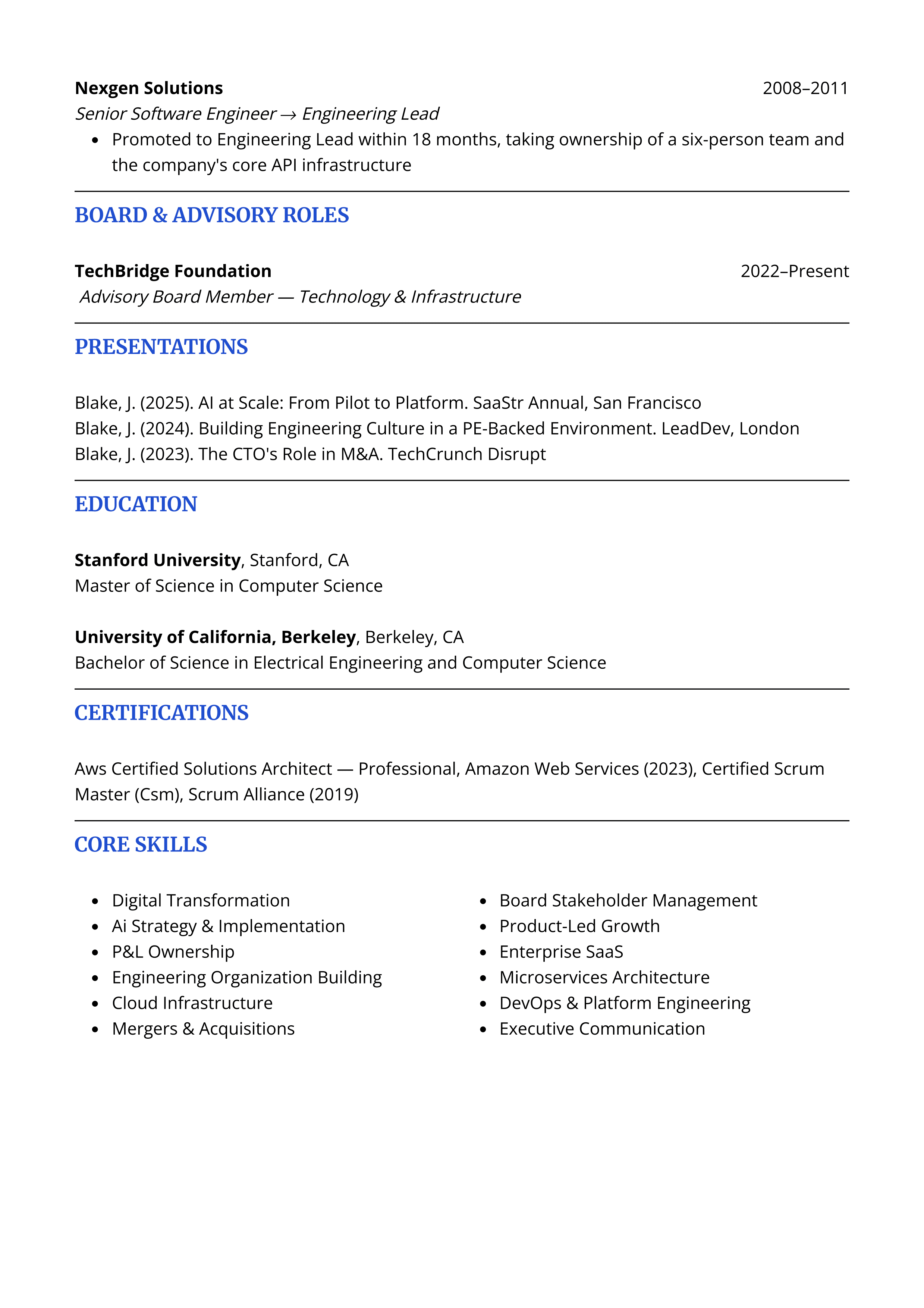Page two of an executive resume example.