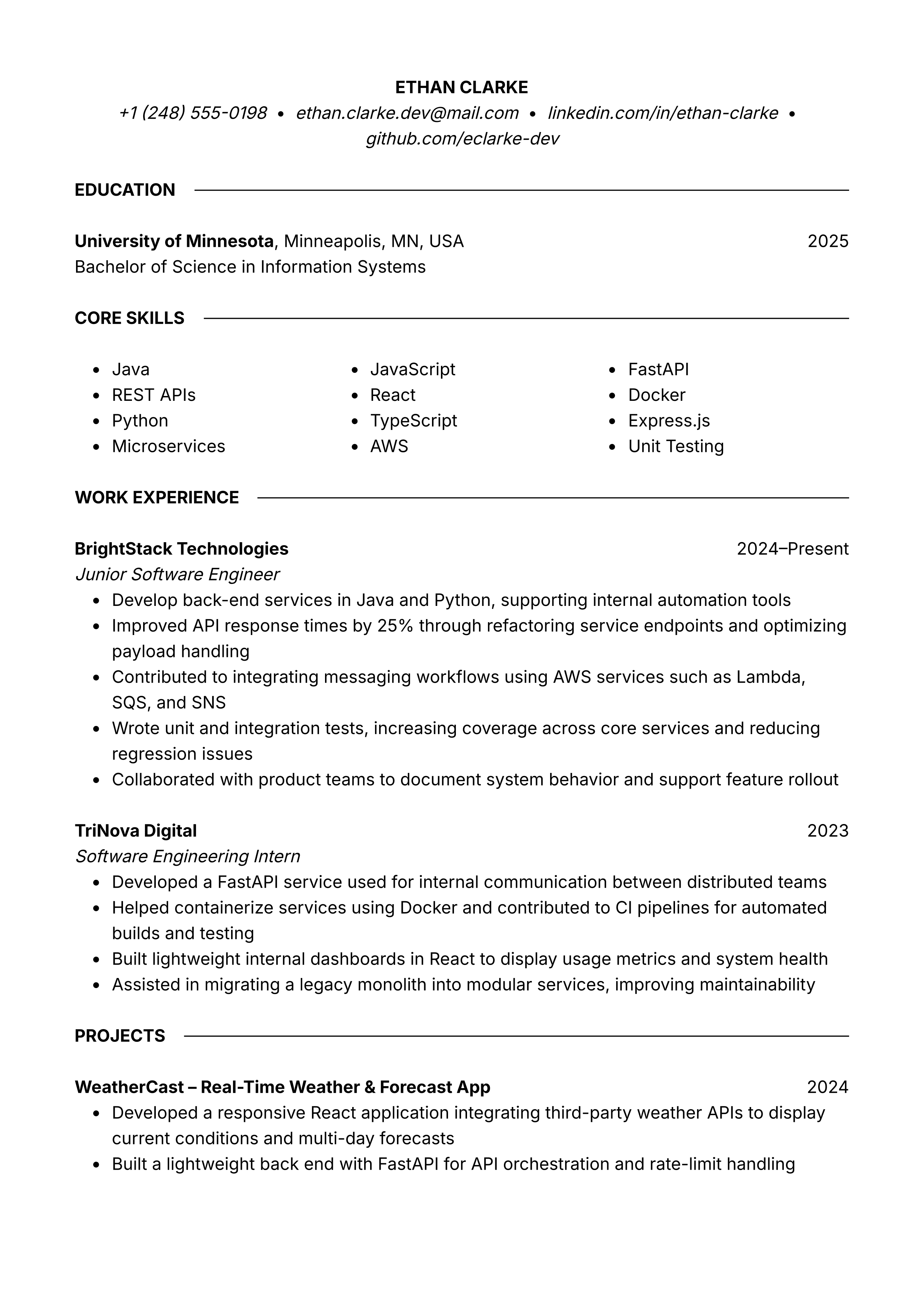 Junior Software Engineer resume template