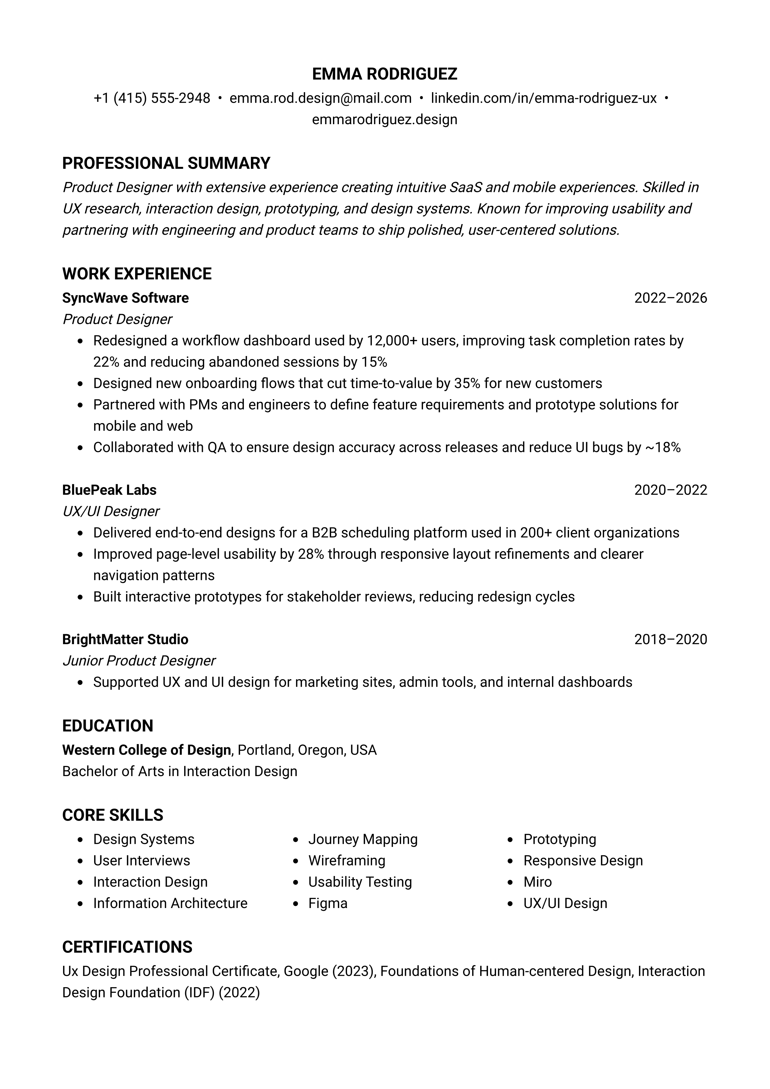 Product Designer resume template