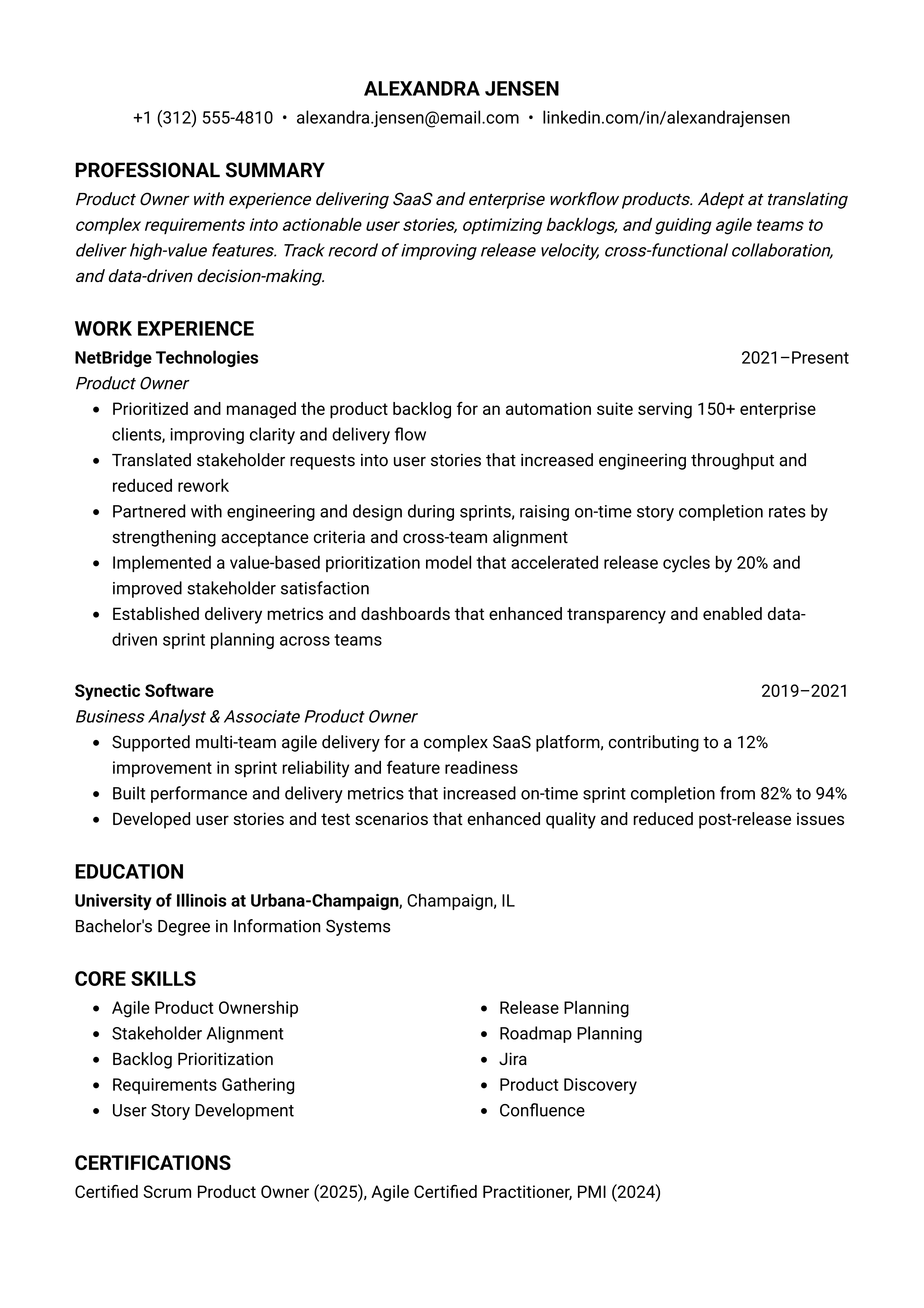 Product Owner resume template