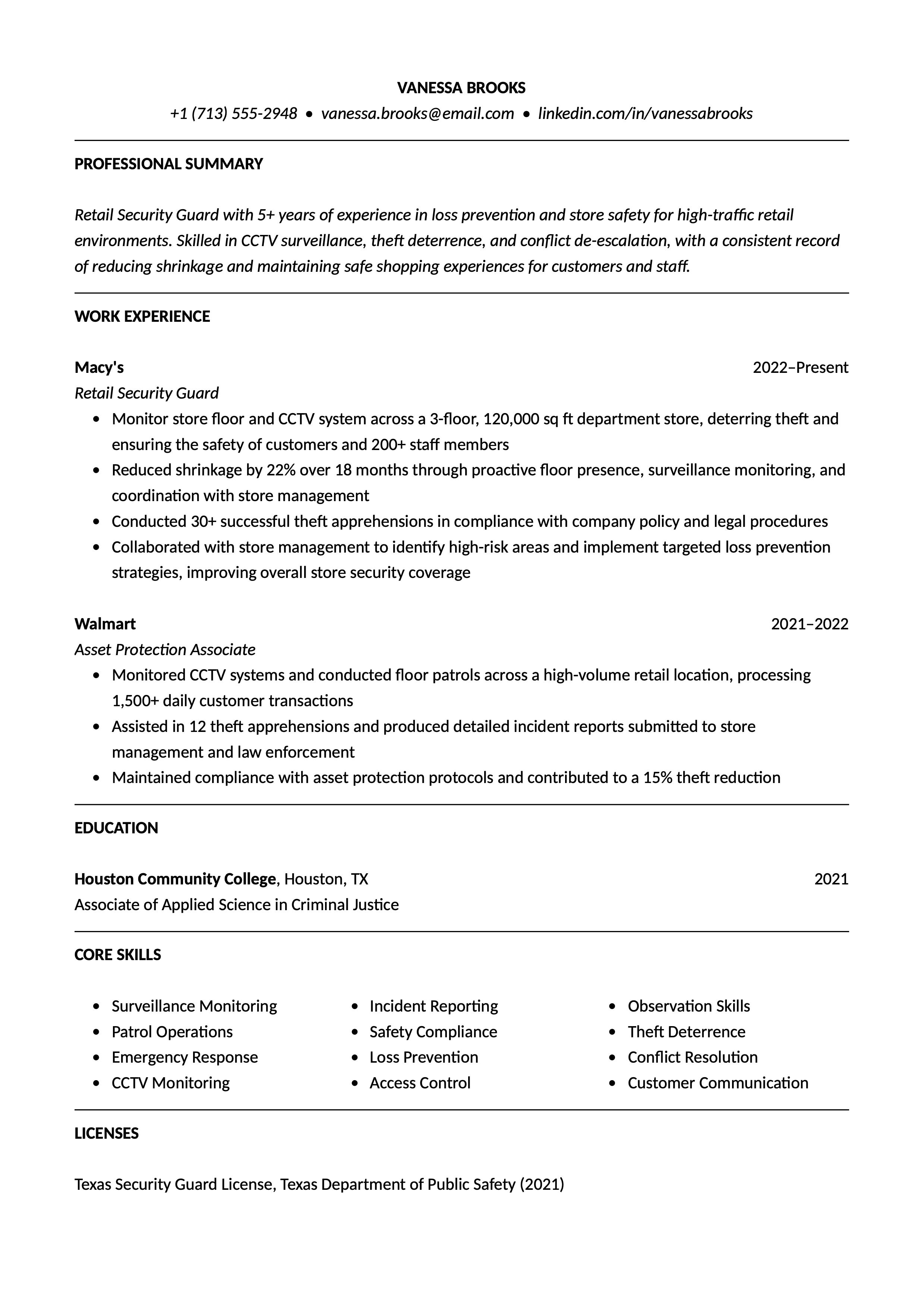 Retail Security Guard resume template