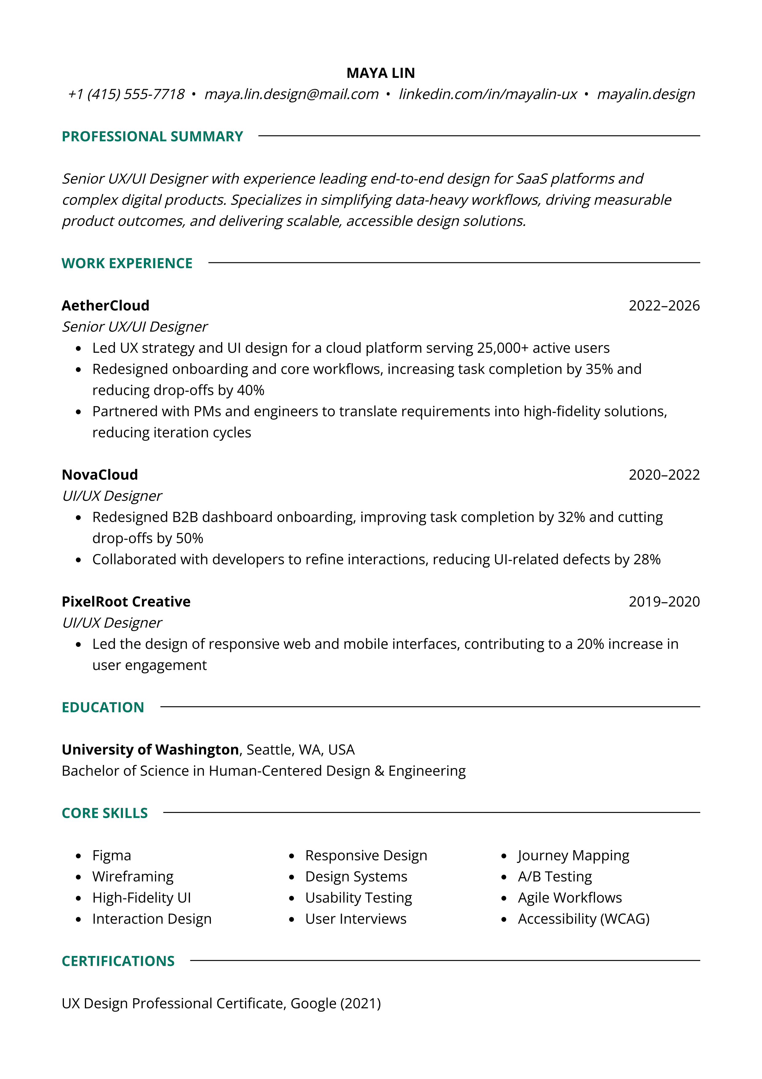 Senior UX/UI Designer resume template