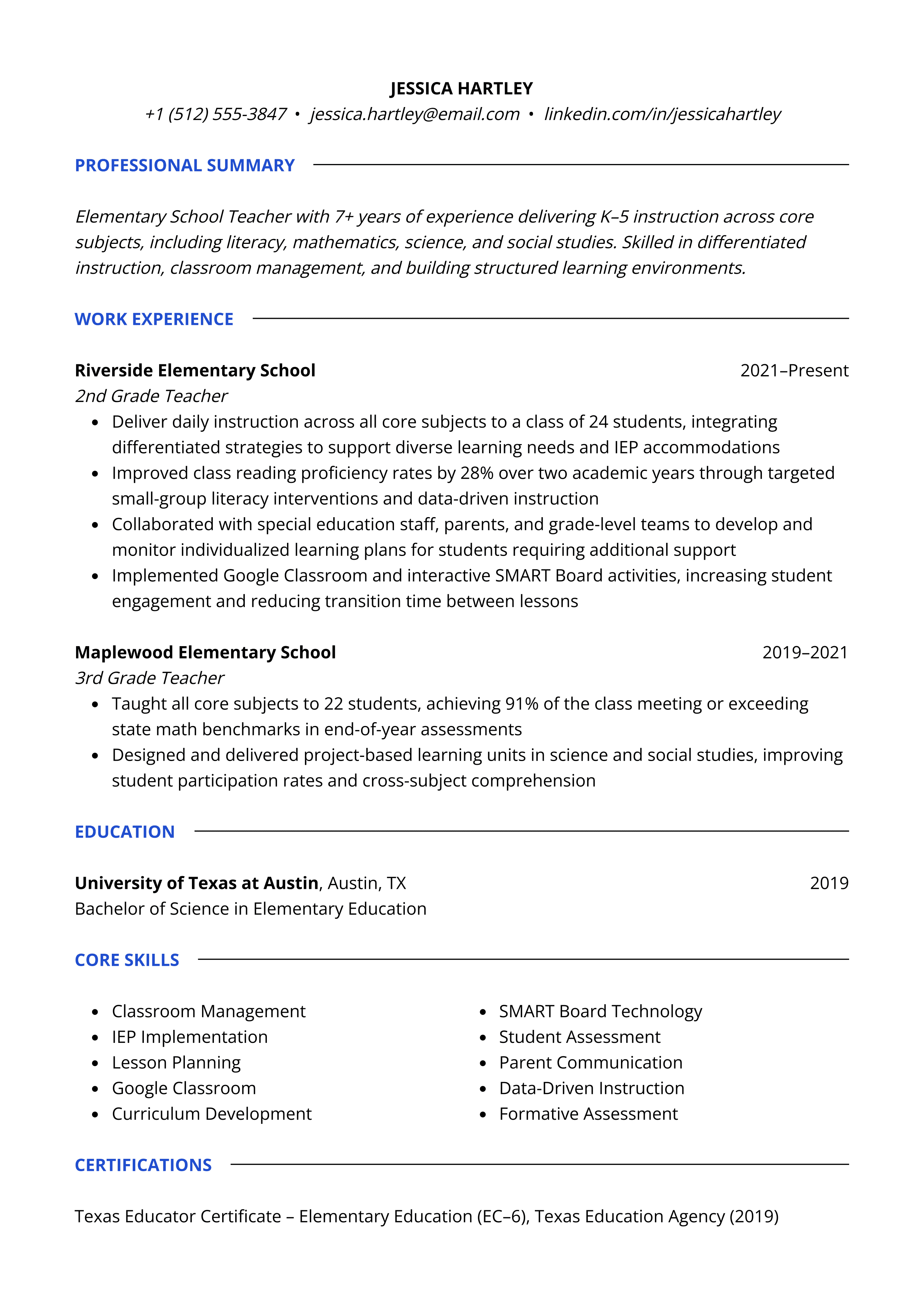 Elementary School Teacher resume template