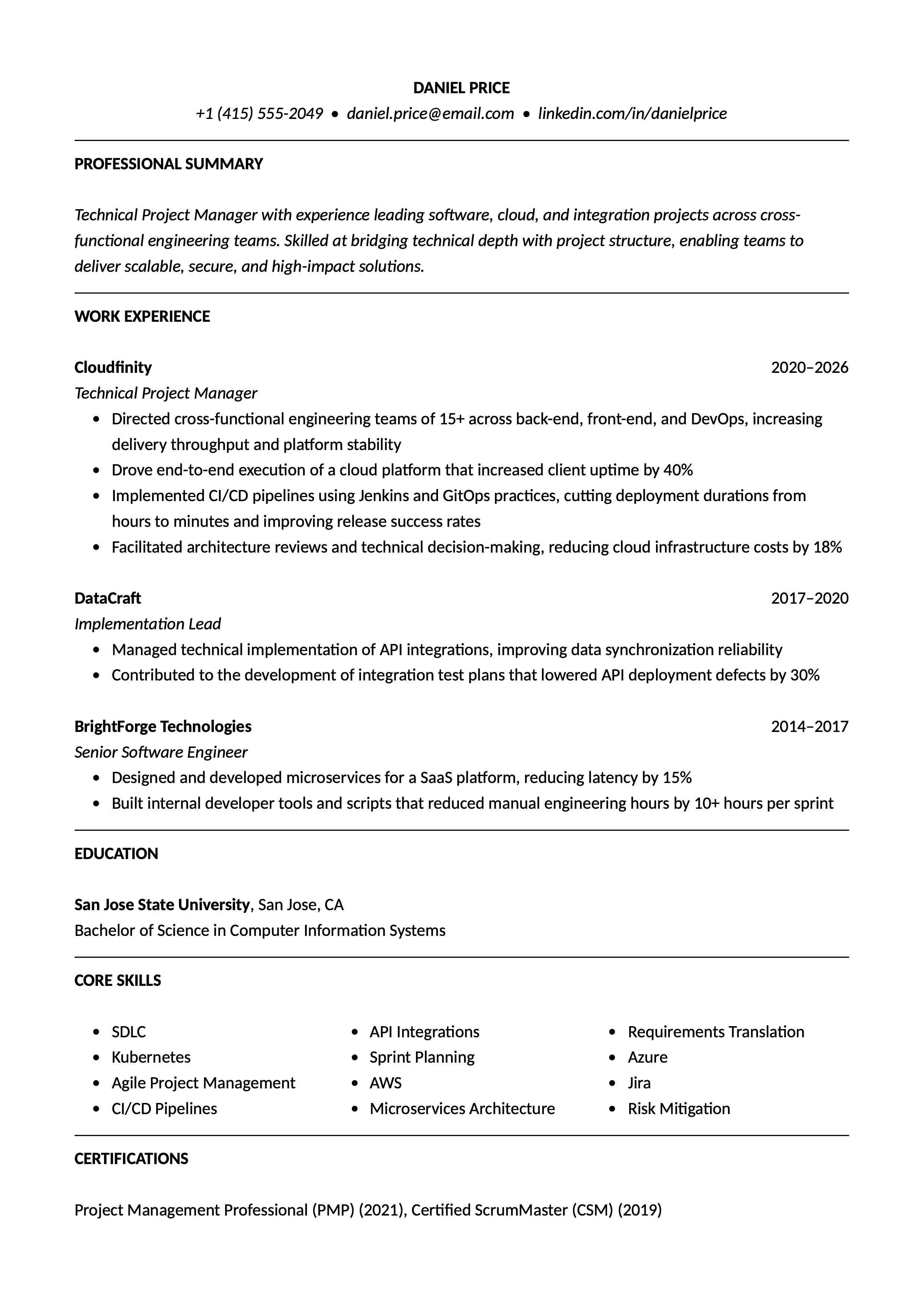 Technical Project Manager resume template