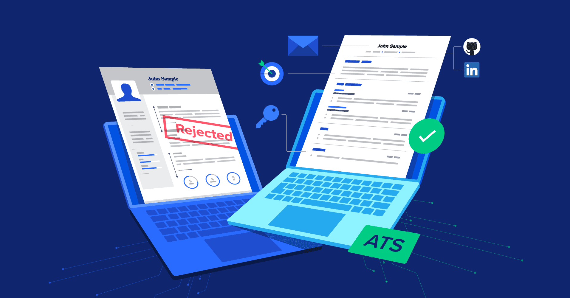 Two laptops displaying resumes; the left shows a rejected resume, the right an ATS-approved resume with clear formatting and keywords. Two laptops displaying resumes; the left shows a rejected resume, the right an ATS-approved resume with clear formatting and keywords.