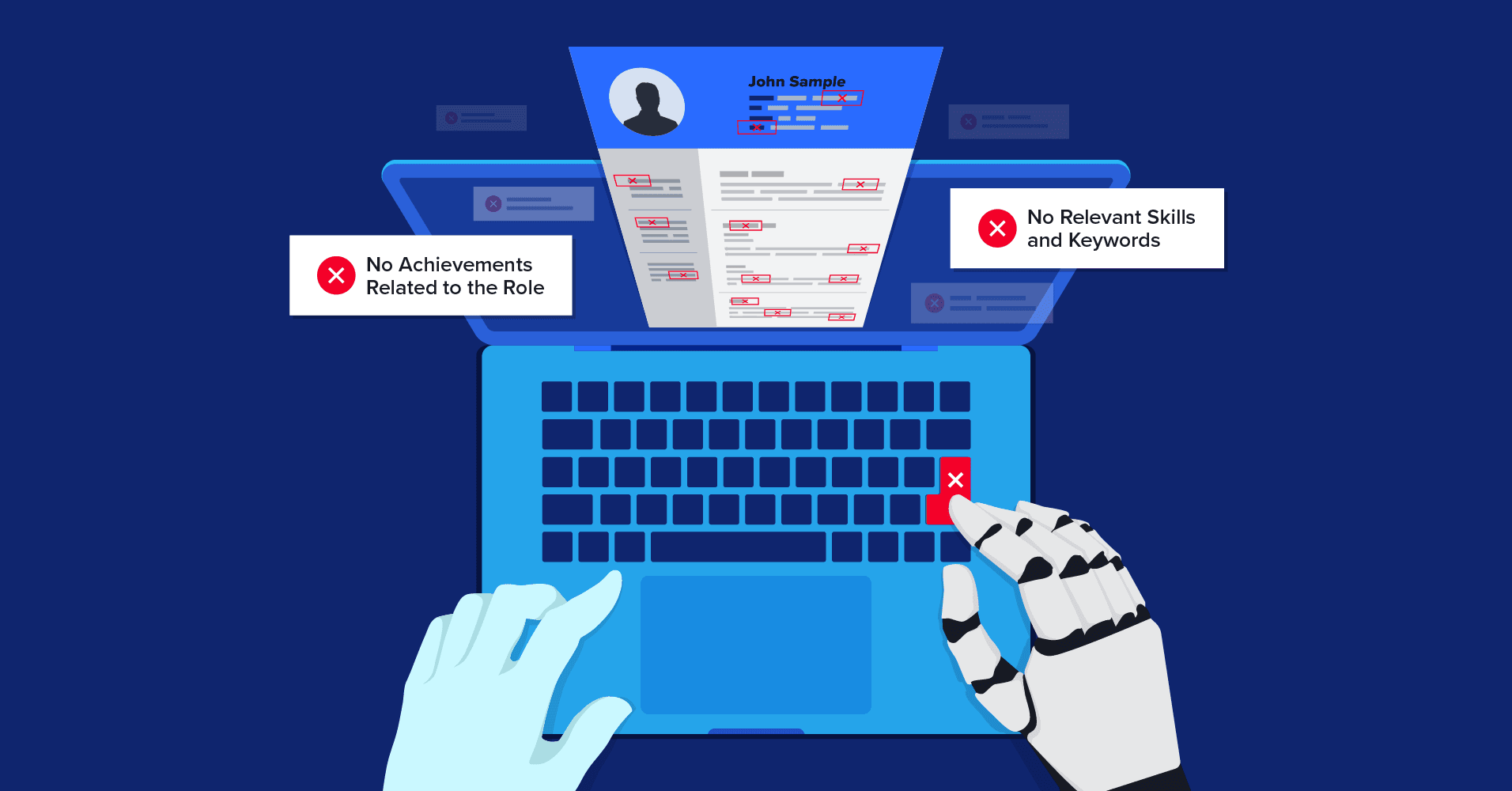 Icons and warning signs showing tech resume rejection due to target role misalignment in tech hiring. Icons and warning signs showing tech resume rejection due to target role misalignment in tech hiring.