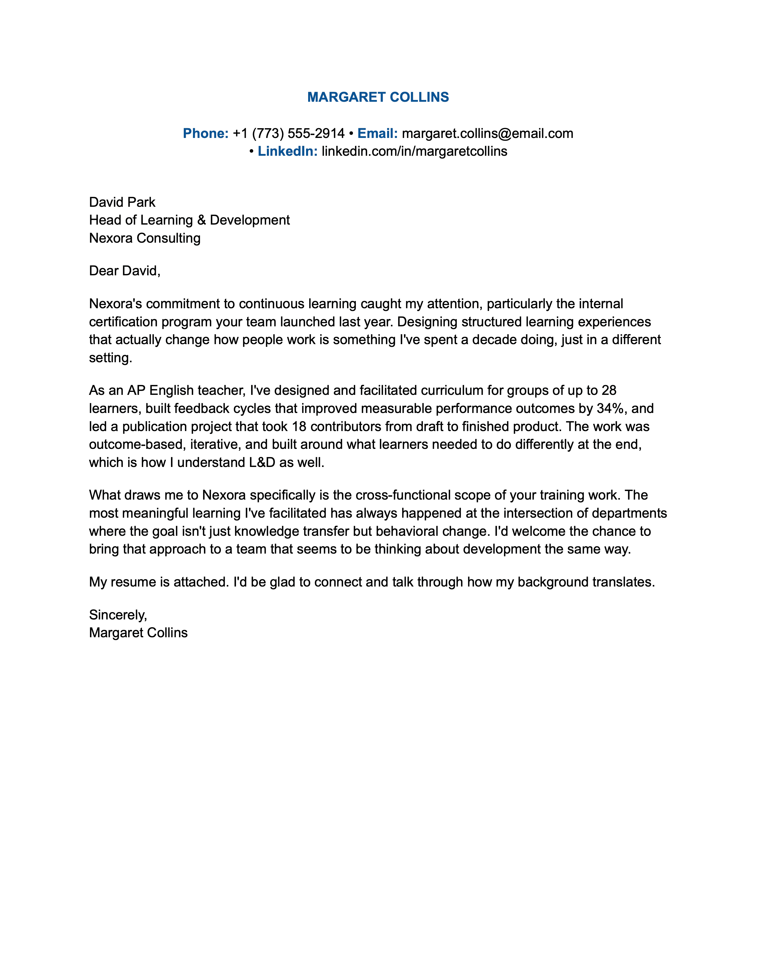 Career change cover letter example.