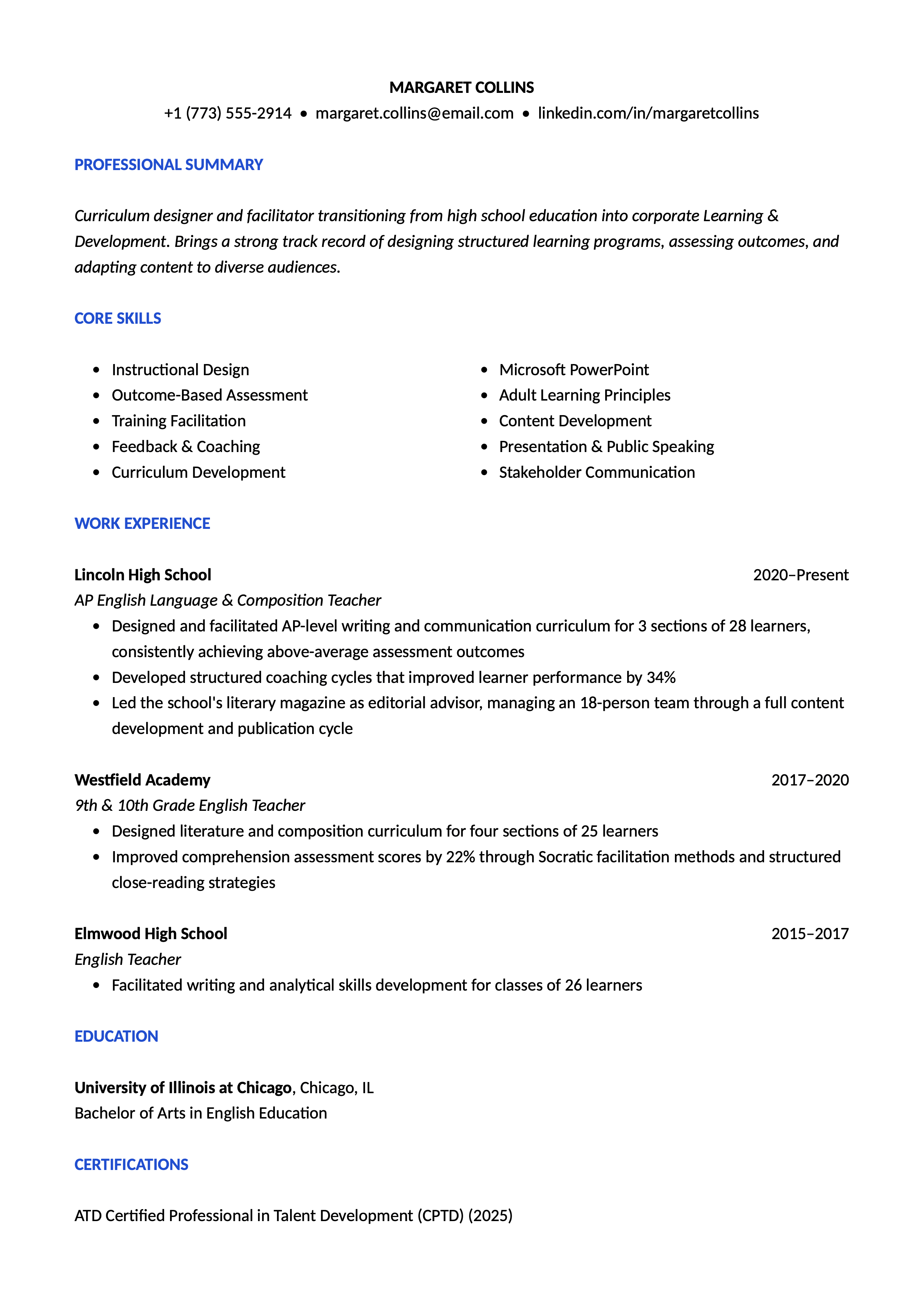 Resume example for career changers.