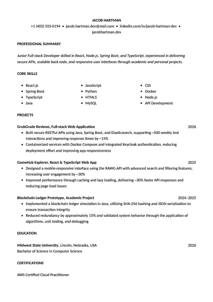 Computer Science Student resume template