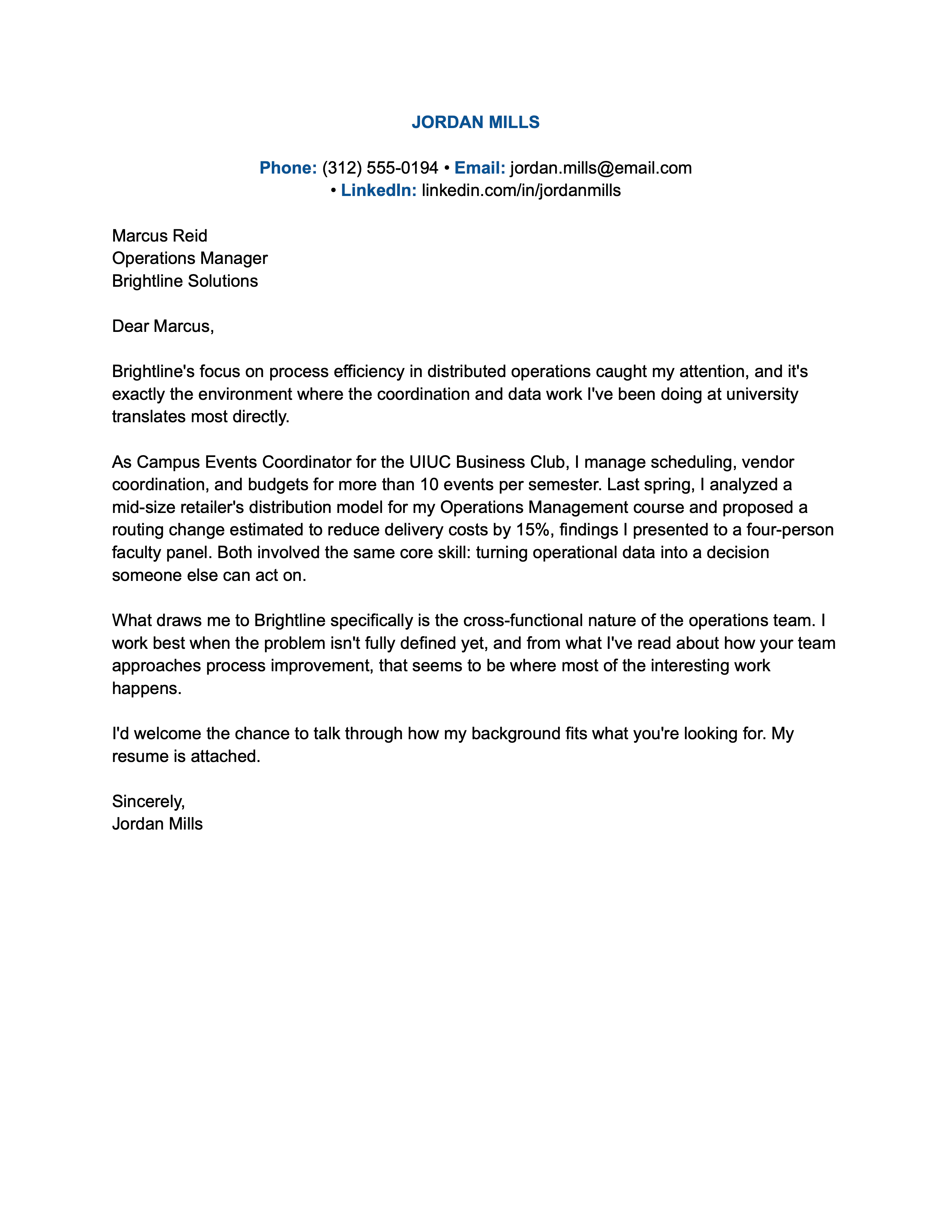 Cover letter example for an entry-level job application.