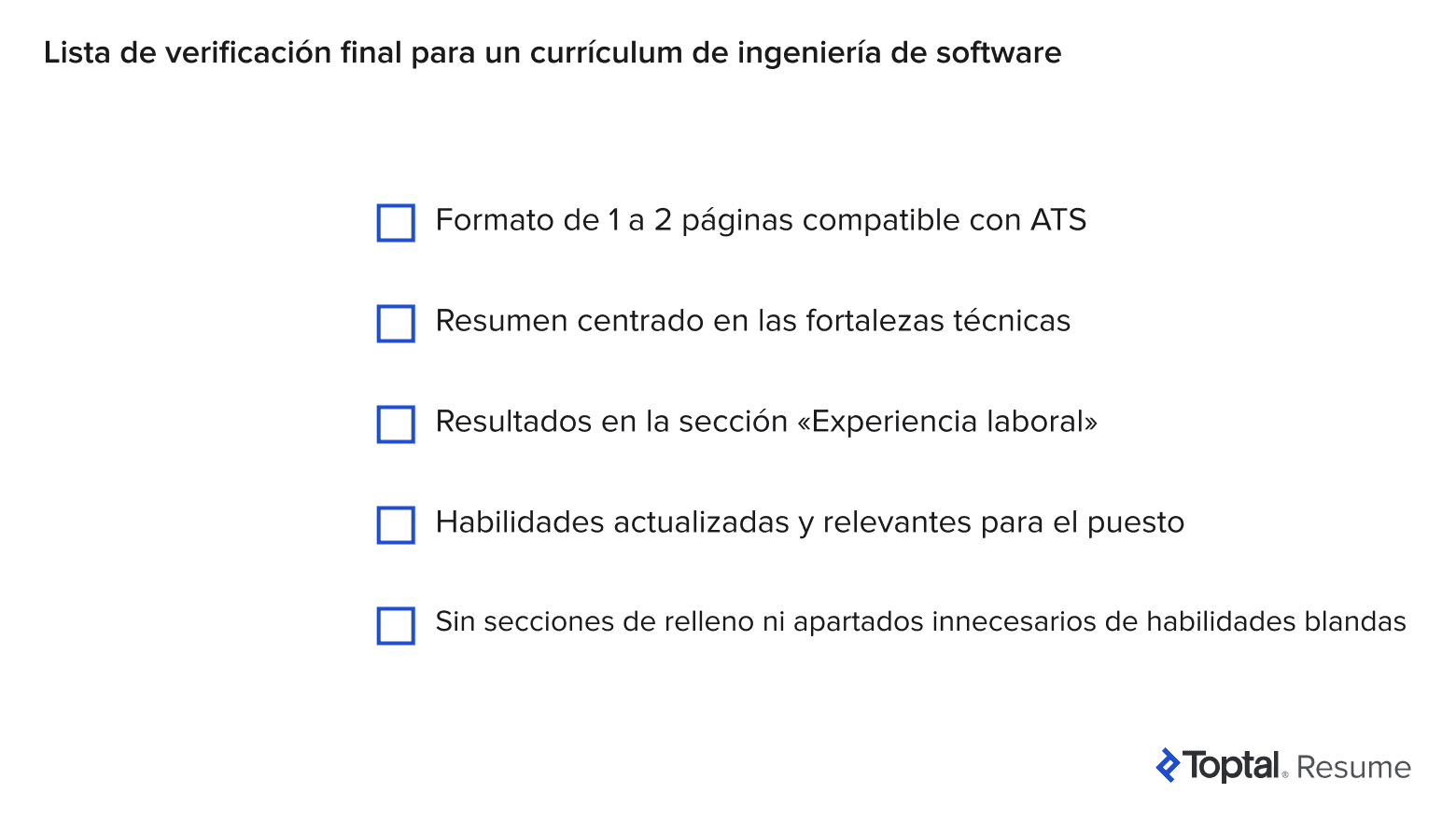 Gráfico de lista de verificación para la revisión final del currículum, que incluye maquetación, resumen, habilidades, resultados y cómo evitar el relleno.