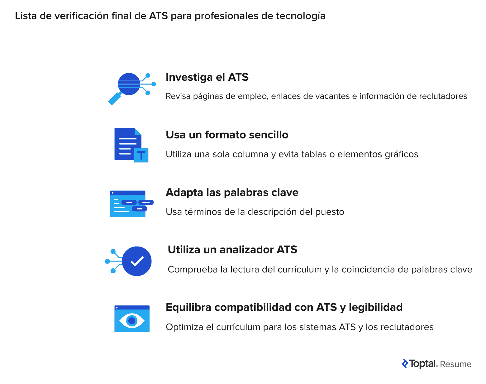 Gráfico de lista de verificación con cinco consejos sobre el ATS: investiga el ATS, usa un formato limpio, adapta las palabras clave, pasa un verificador de ATS y equilibra la legibilidad.