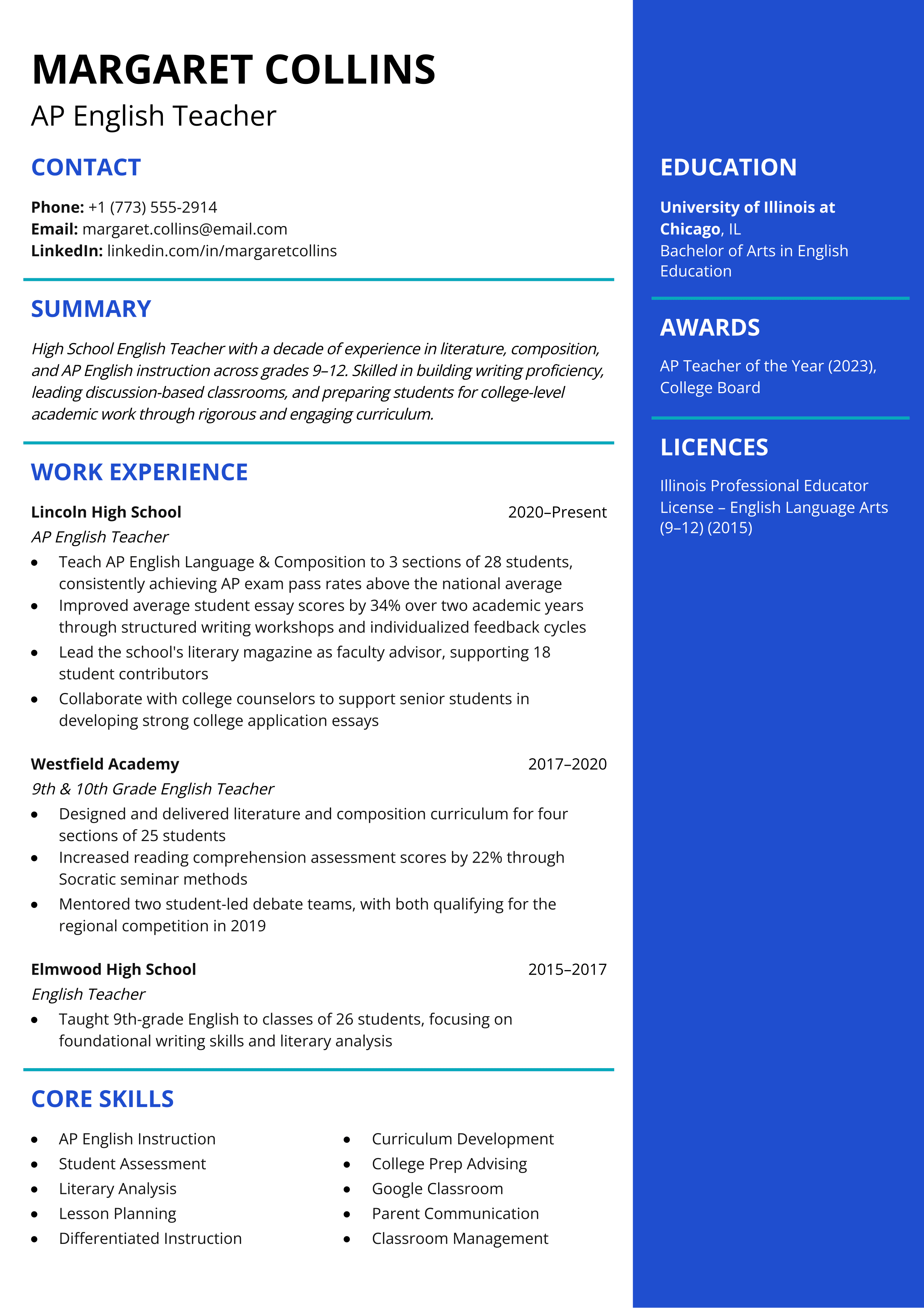 High school English teacher resume example.