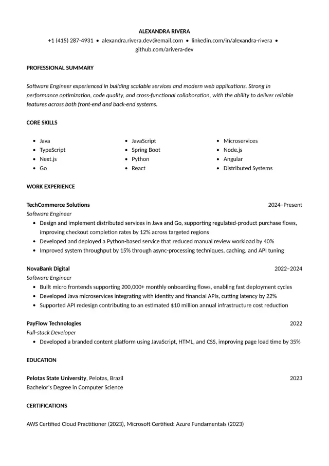 Software Engineer Resumes resume example