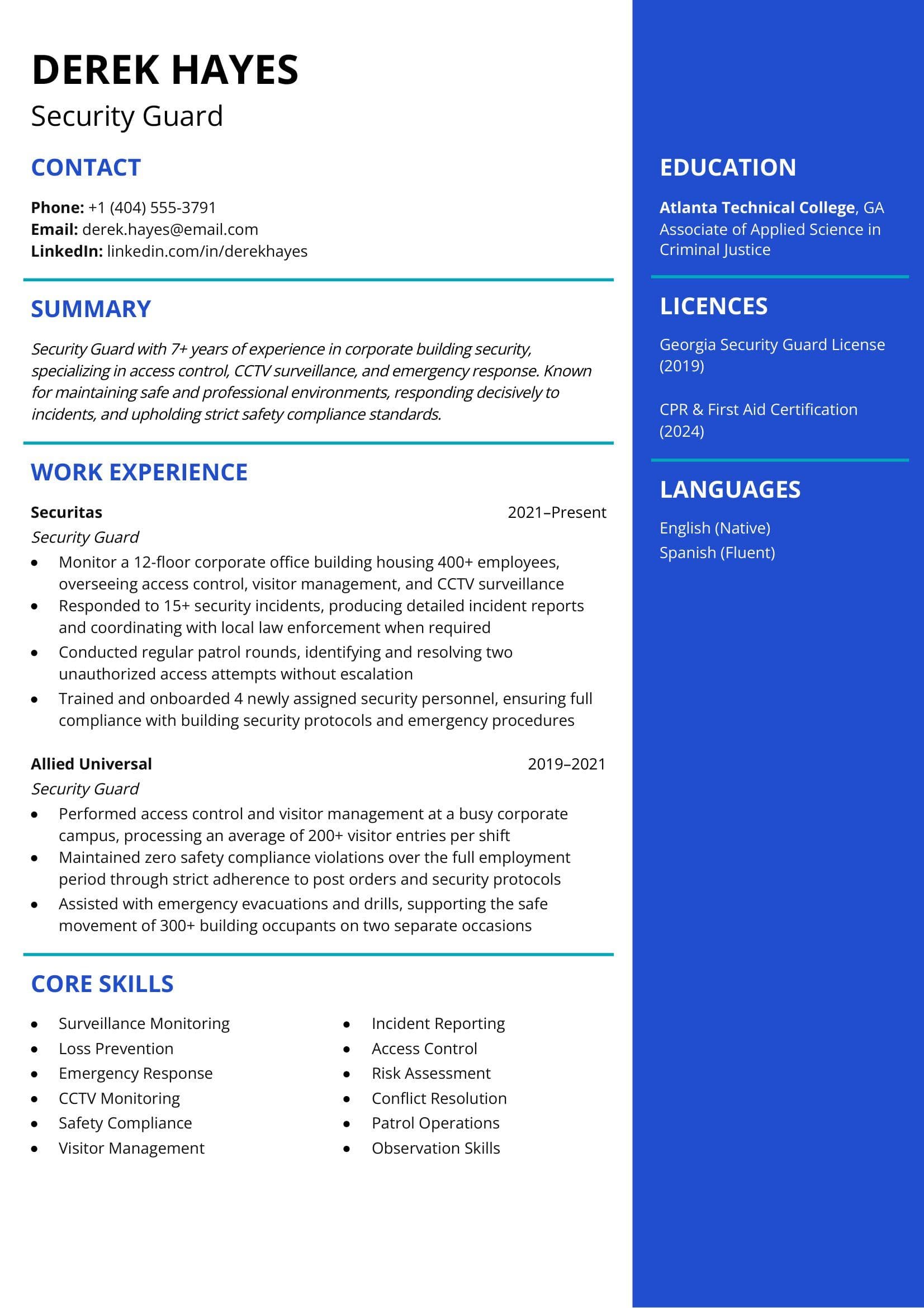 Security Guard Resume resume template