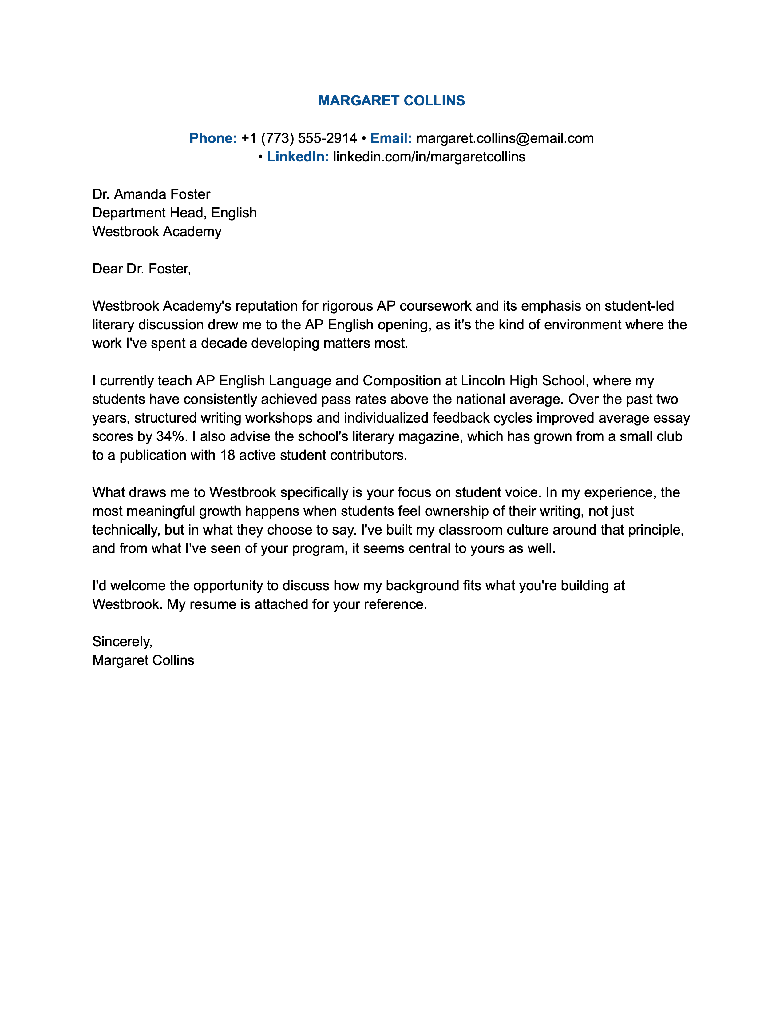 AP English teacher cover letter example.